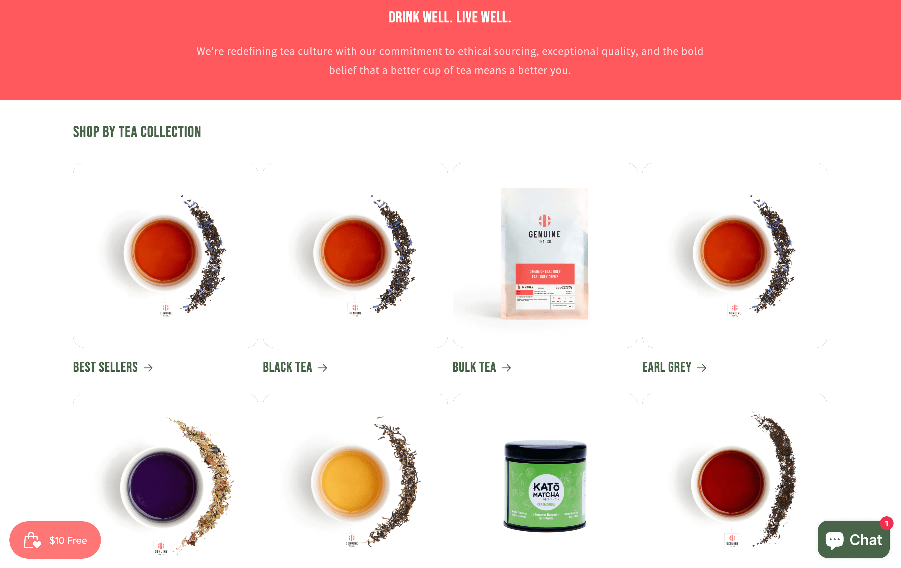 A screenshot of Genuine Tea’s homepage showing its different tea varieties, including black tea, bulk tea, Earl Grey, and more.&nbsp;