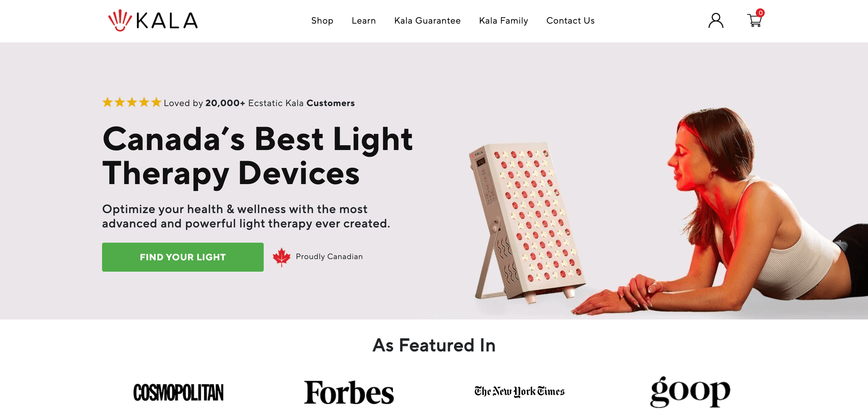 A screenshot of KALA Therapy’s homepage promoting it as “Canada’s Best Light Therapy Devices”.&nbsp;