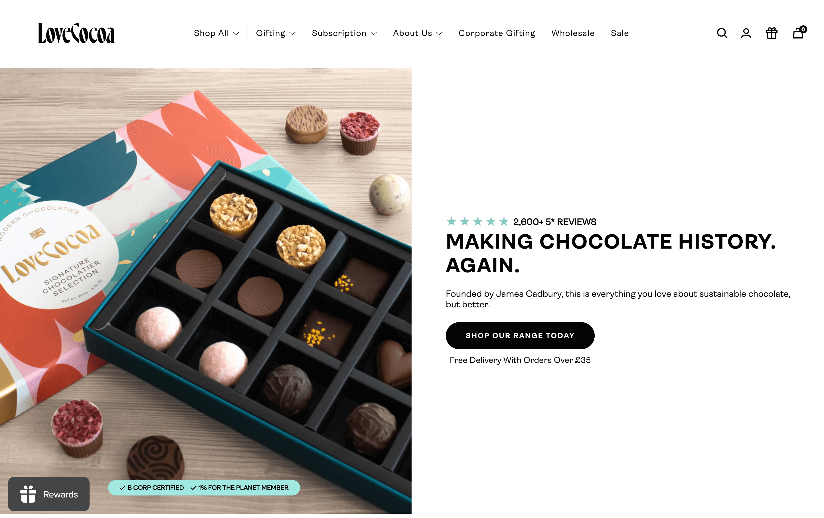 A screenshot of Love Cocoa’s homepage showing a box of its chocolate truffles.&nbsp;