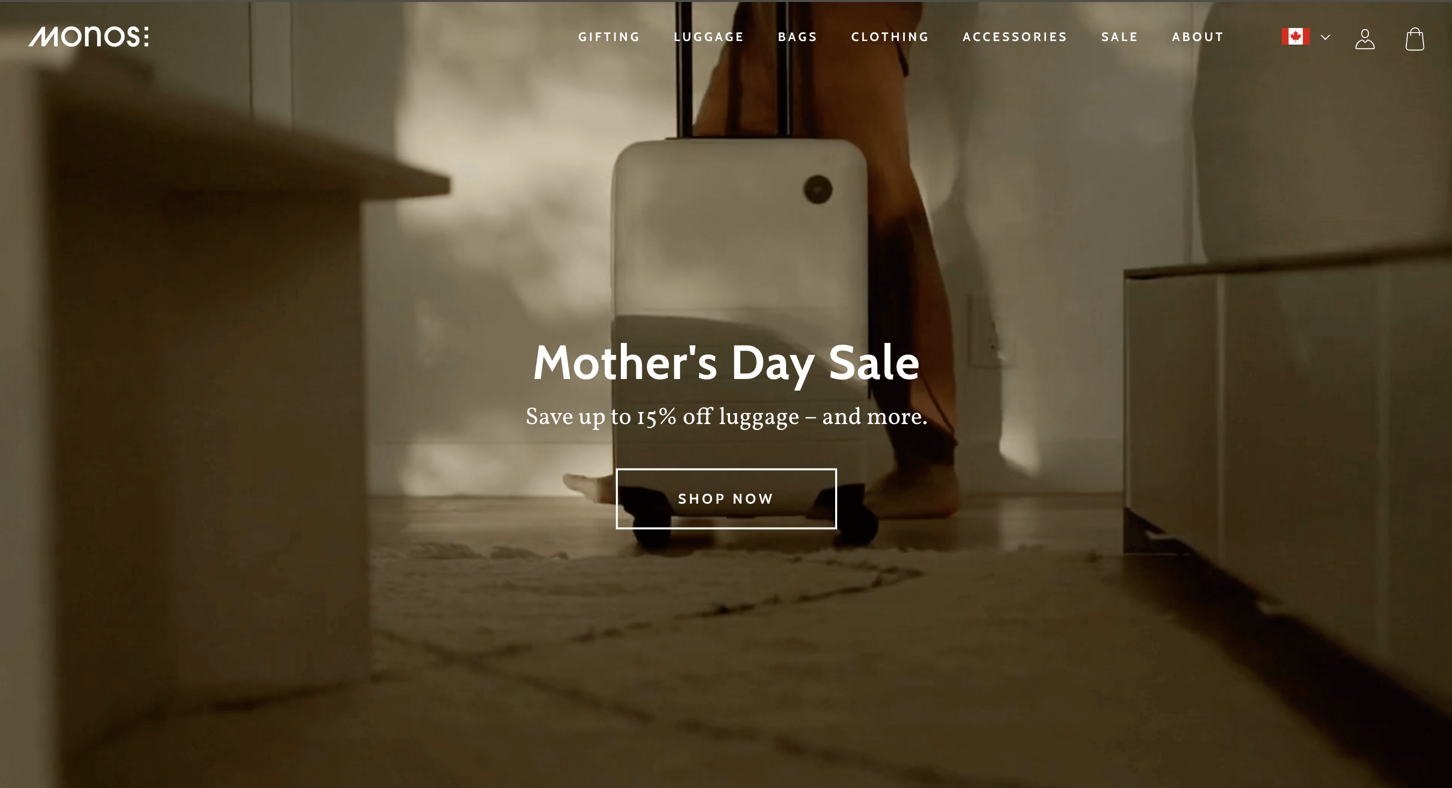 A screenshot of Monos’ homepage showing one of its modern carry-on suitcases.&nbsp;