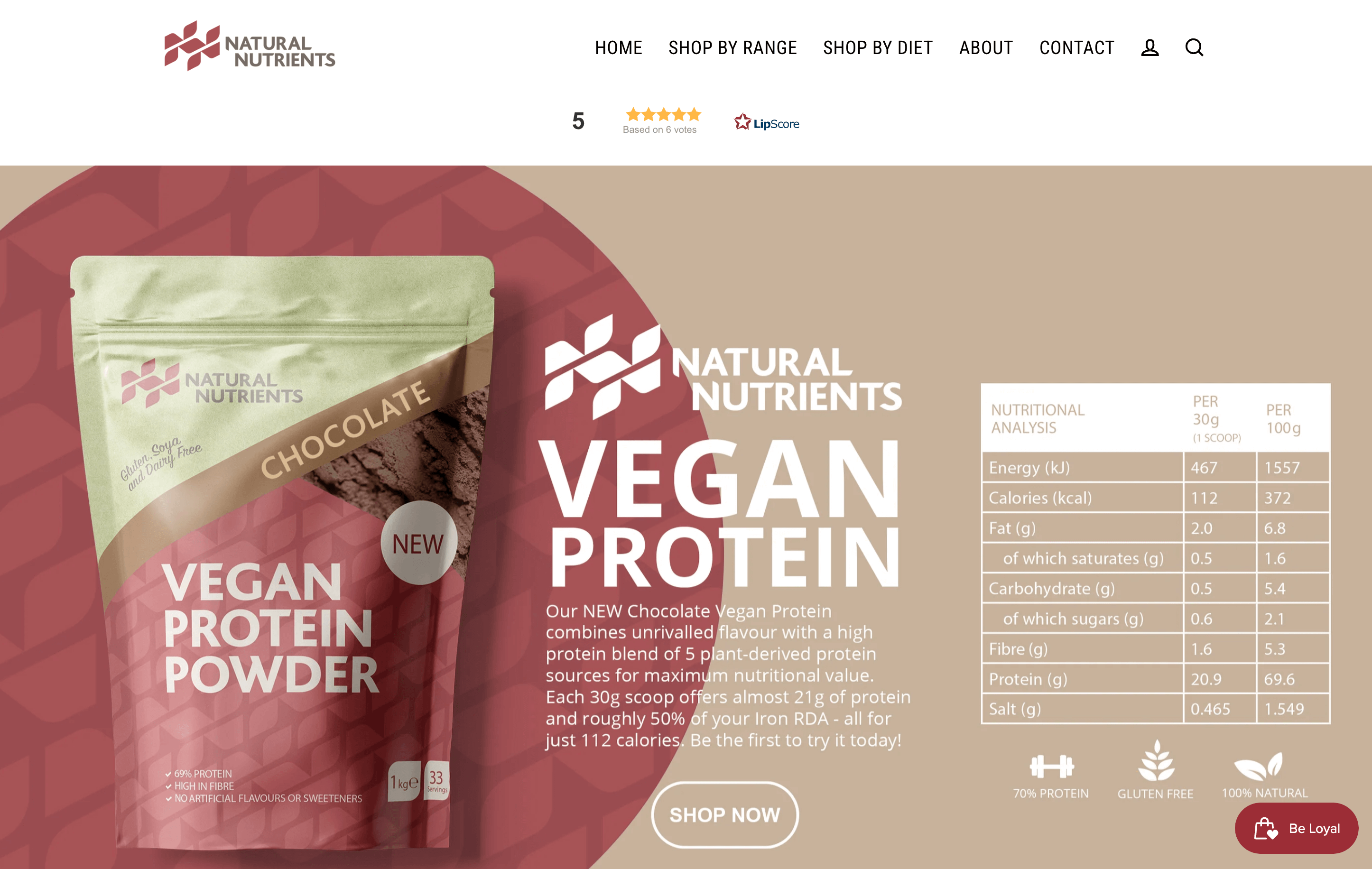 A screenshot of Natural Nutrients’ homepage showing the product specs for its new Vegan Protein Powder.&nbsp;