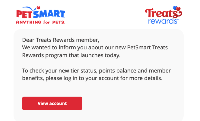 A screenshot of an email from PetSmart announcing its new program changes.&nbsp;