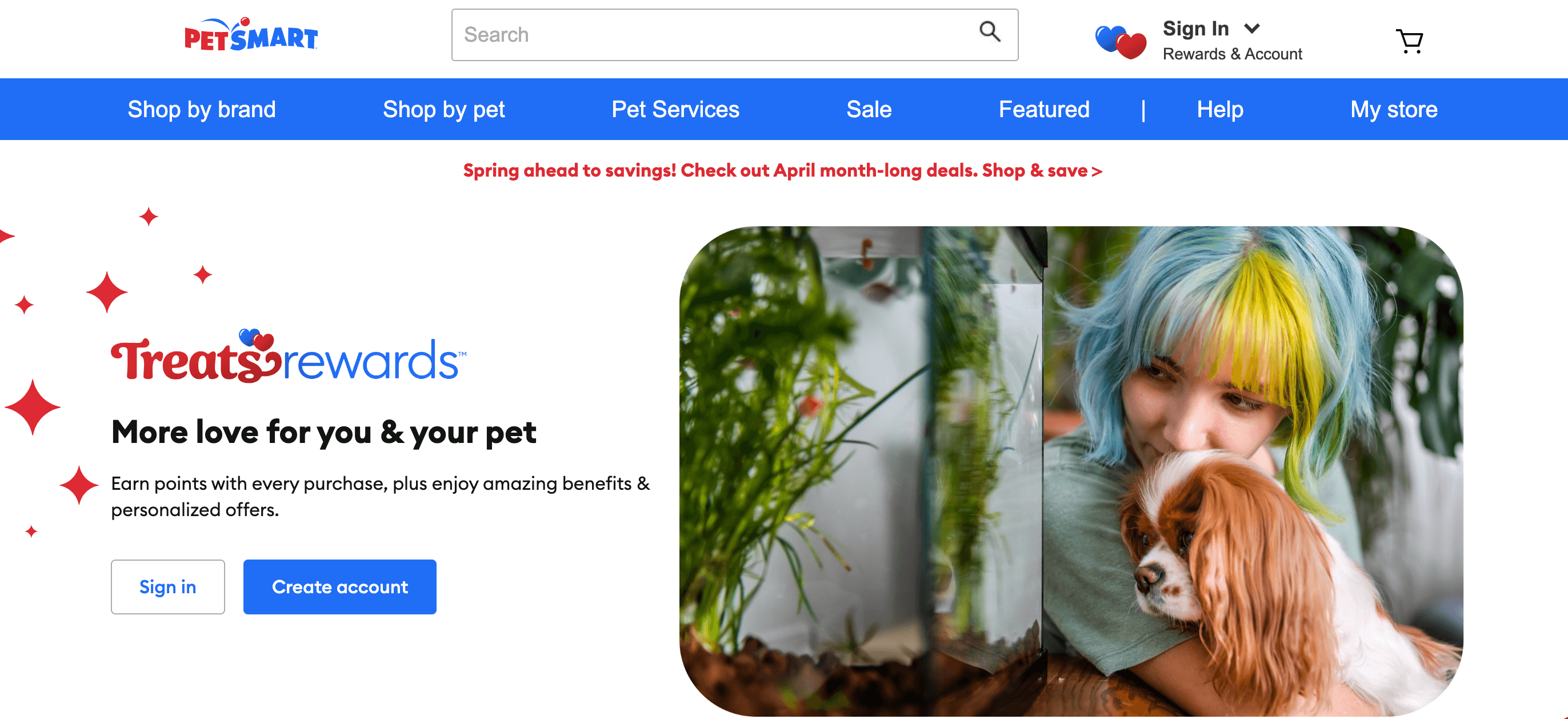 A screenshot of PetSmart’s loyalty program explainer page showing the title with buttons to sign in or create an account.&nbsp;