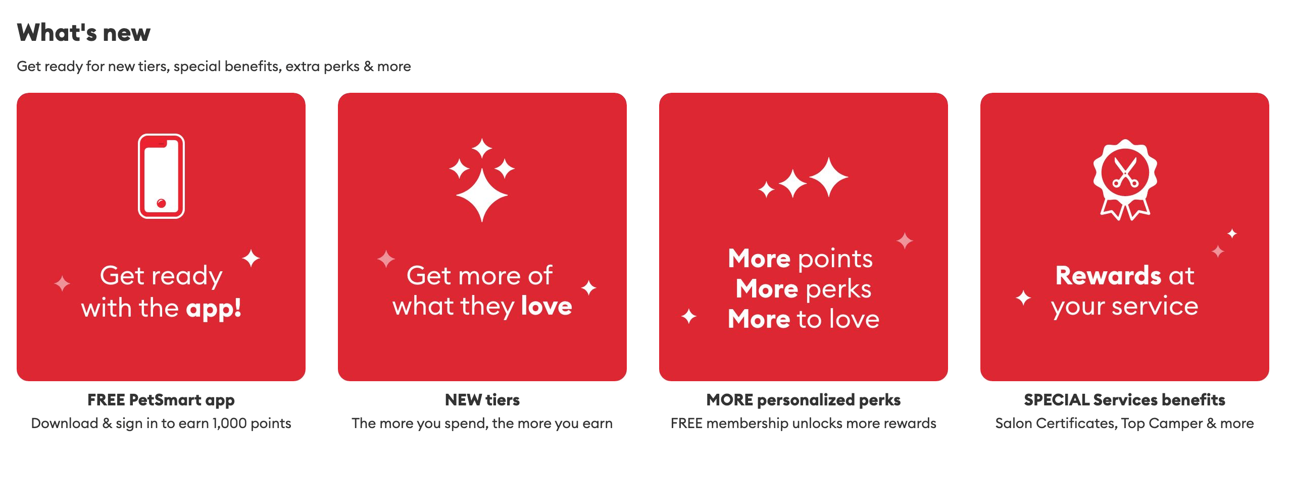 A screenshot from PetSmart’s website explaining what’s new in the rewards program—an app, new VIP tiers, more personalized perks, and special service benefits.&nbsp;