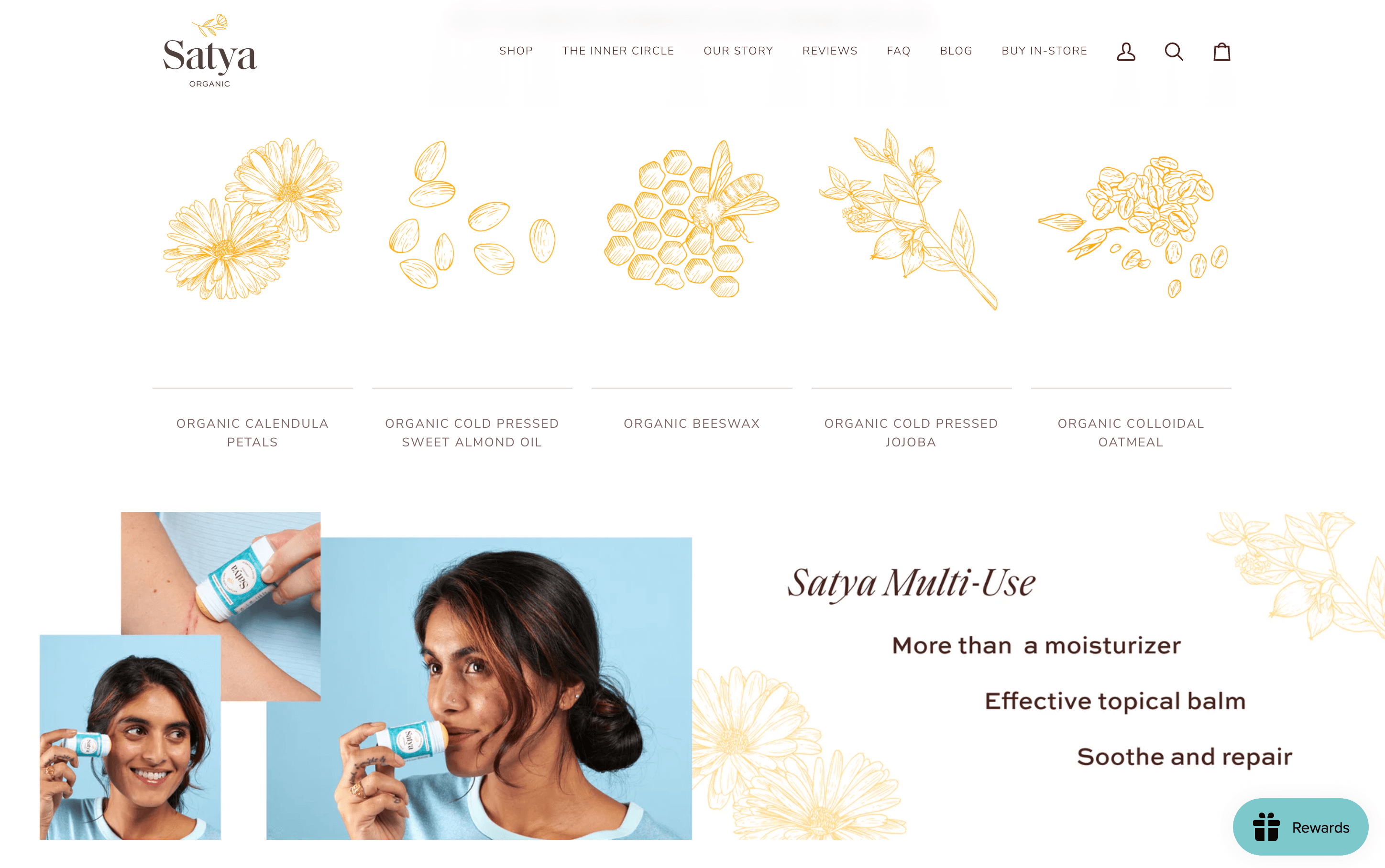 A screenshot of Satya Organic’s homepage showing a list of its natural ingredients.&nbsp;