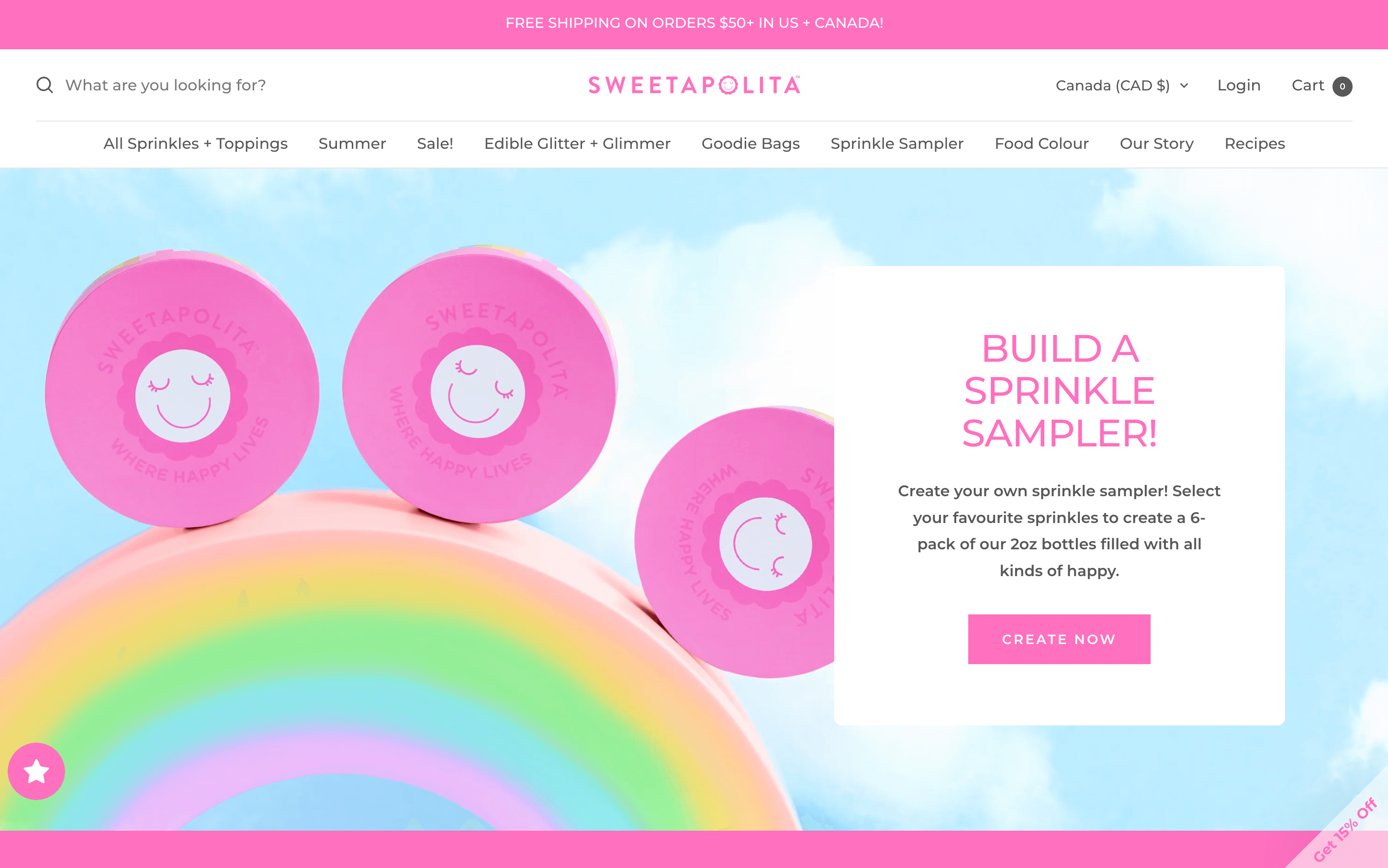 A screenshot of Sweetapolita’s homepage showing its sprinkle sampler options.&nbsp;