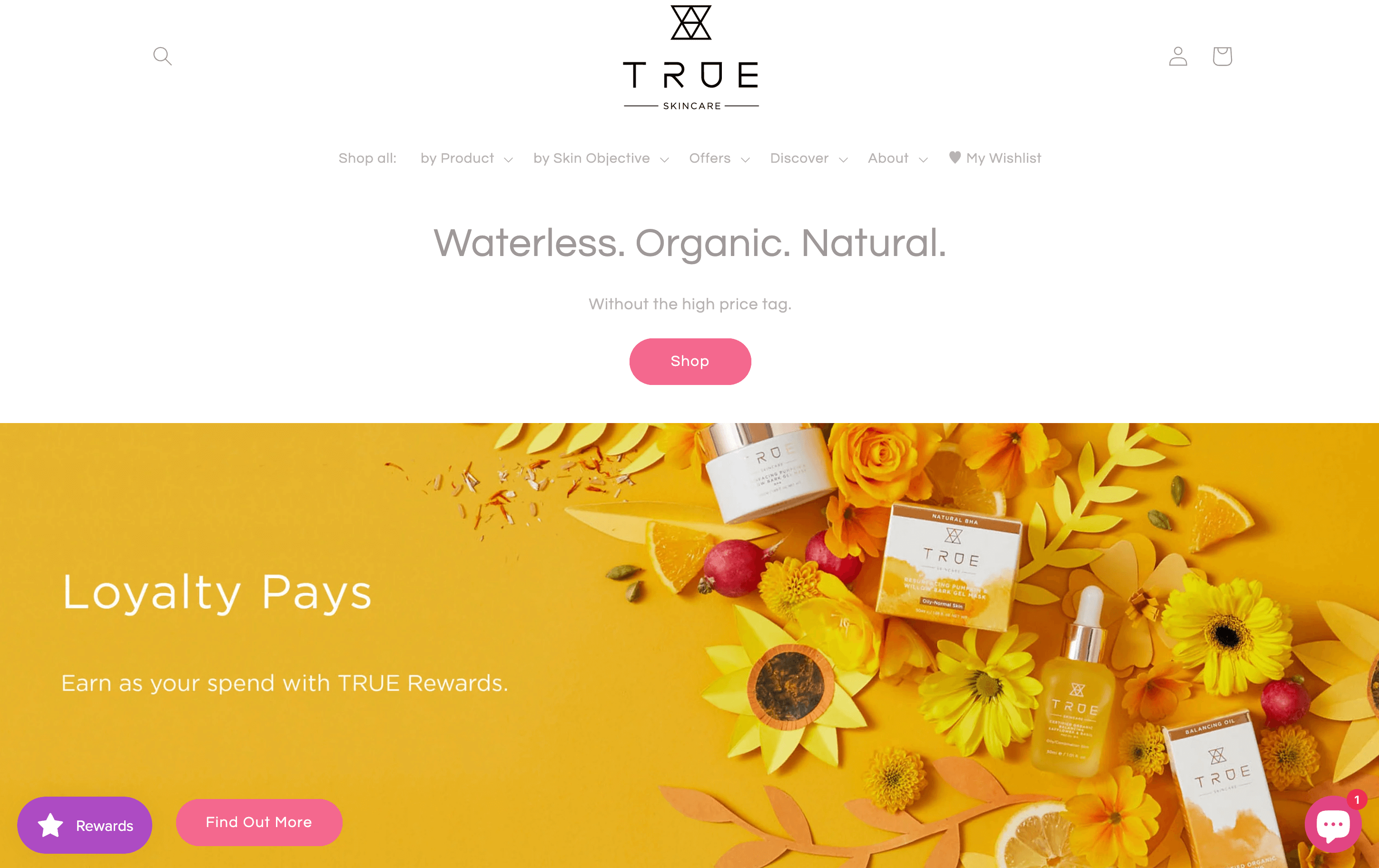 A screenshot of TRUE Skincare’s homepage showing a call to action to join its loyalty program.&nbsp;