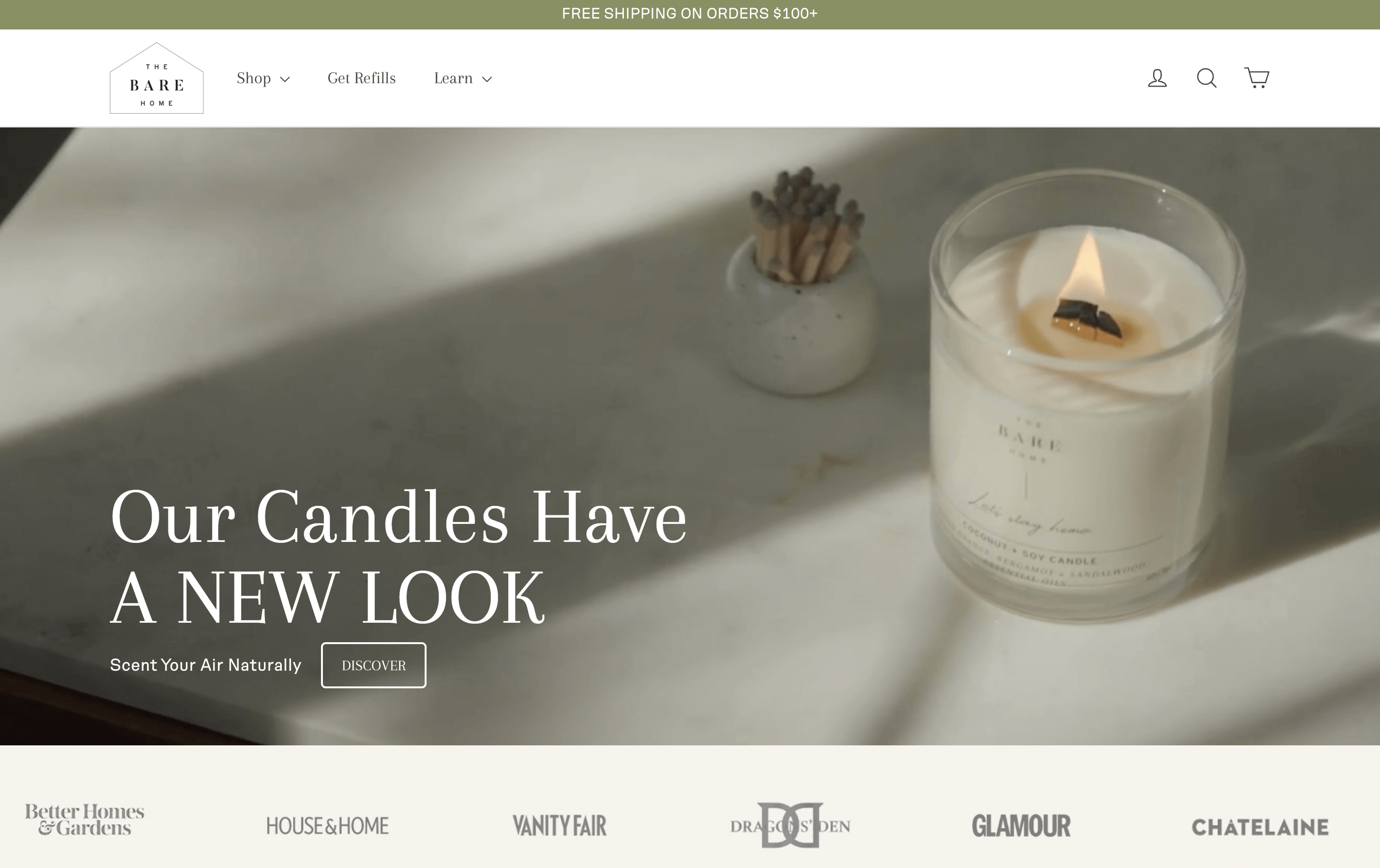 A screenshot of the homepage showing a branded candle.&nbsp;