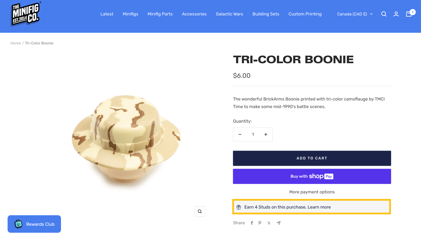 A screenshot of The Minifig Co.’s product page, highlighting an embedded App Block that says “Earn 4 Studs on this purchase. Learn more.”