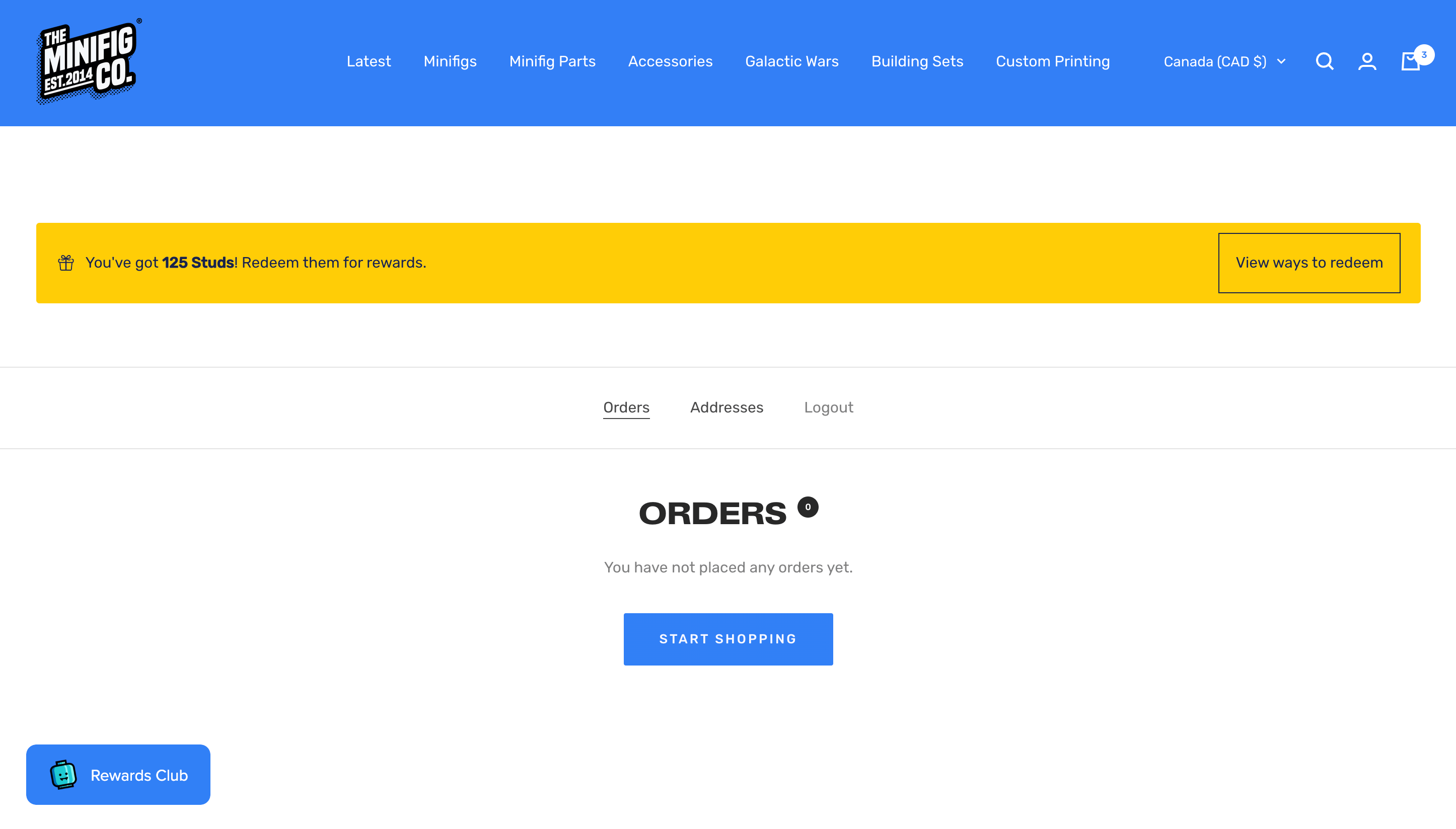 A screenshot of a customer account page showing a bright yellow banner that reads, “You’ve got 125 Studs! Redeem them for rewards.”