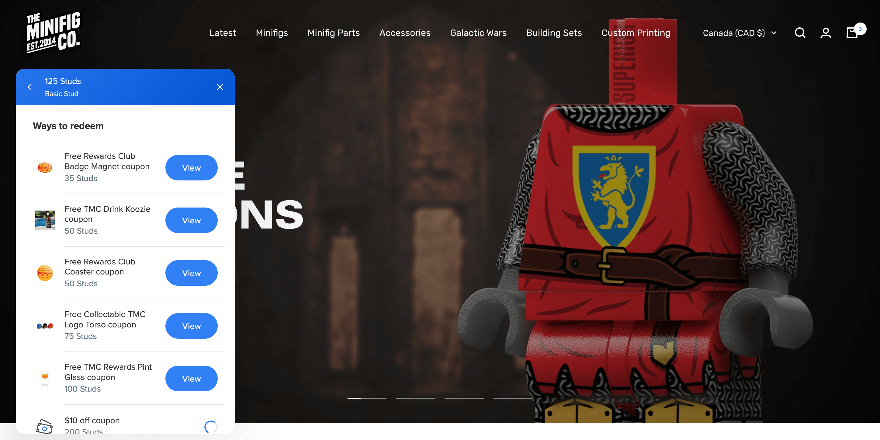 A screenshot of The Minifig Co.’s homepage showing ways to redeem points. It shows all the eligible rewards and the number of points needed for each.