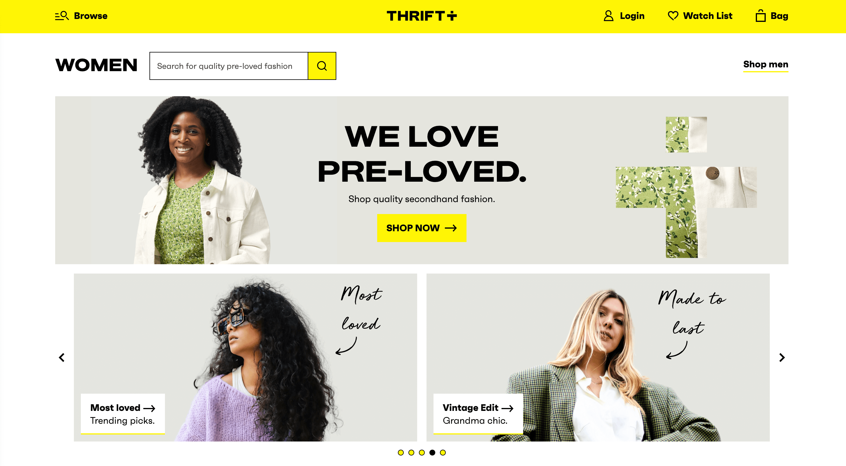 A screenshot of Thrift Plus’ homepage with a call to action to shop quality secondhand fashion.&nbsp;
