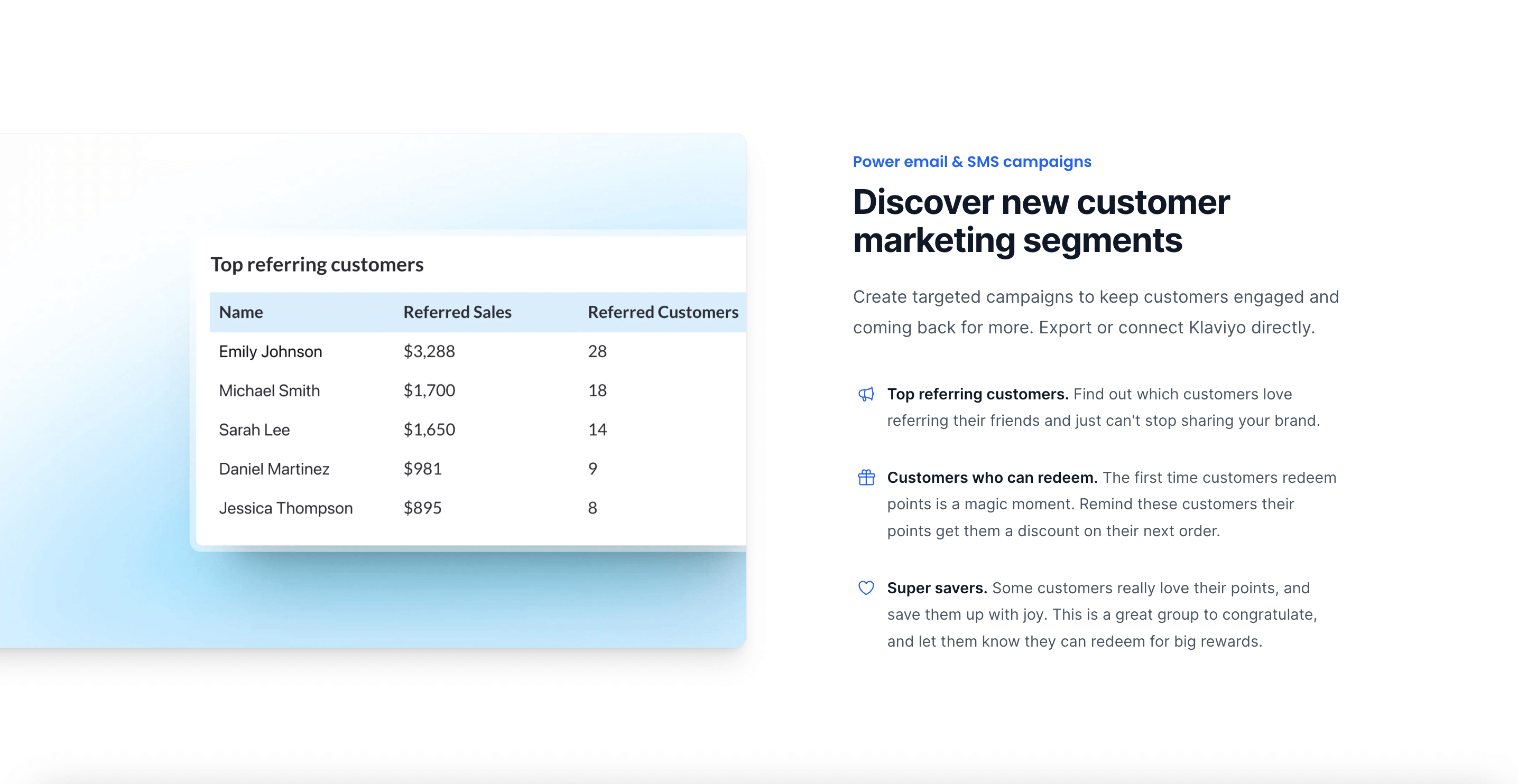 A screenshot from the Smile.io Analytics website page showing how to discover new customer marketing segments with reports.&nbsp;