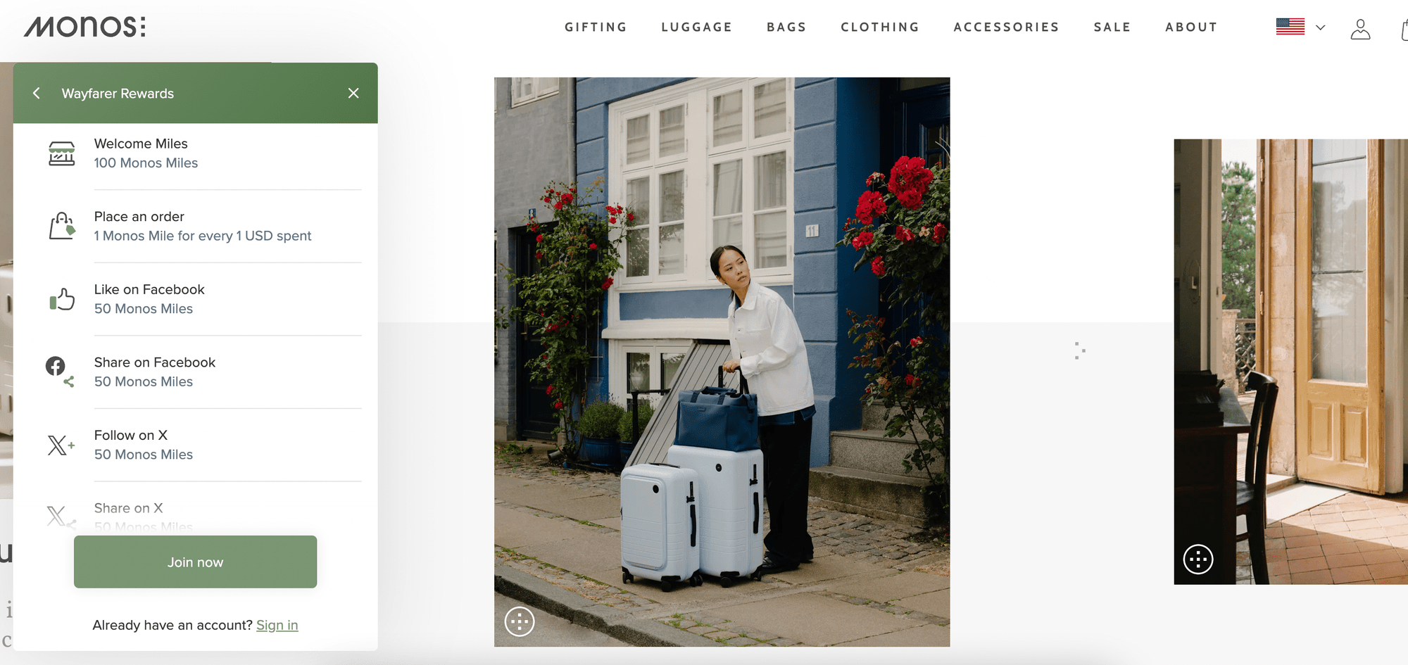 screenshot of luggage brand monos