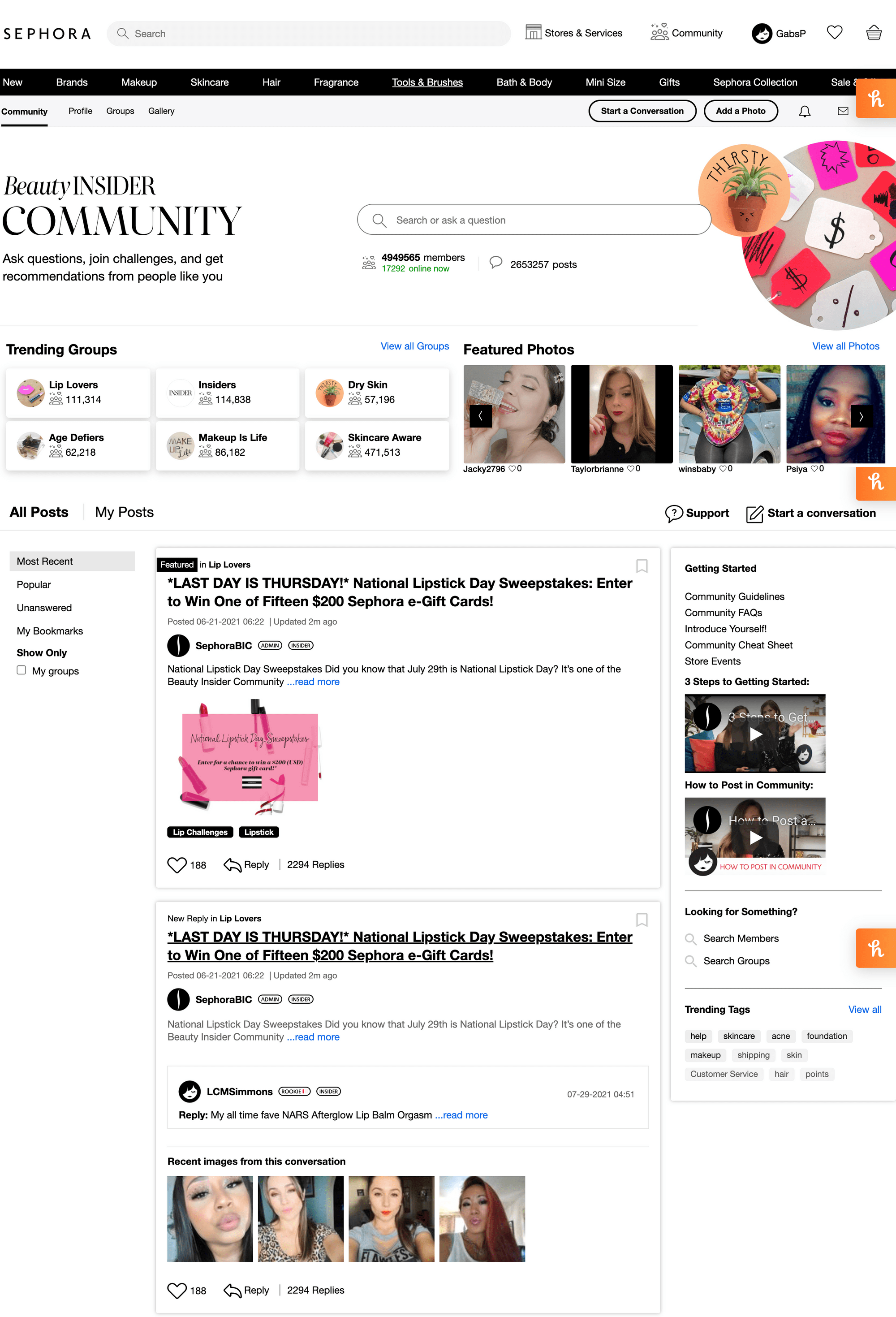 screenshot of sephora beauty insider community