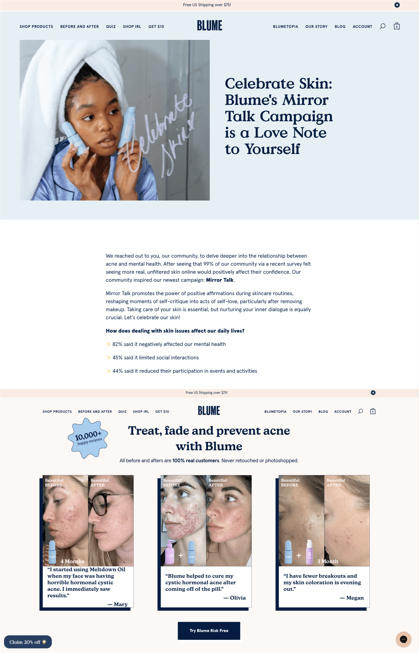 A screenshot of a blog from Blume revealing the results of its customer survey. There is a second screenshot that shows a website page with Before and After customer reviews. The photos include acne-prone skin in an unedited state.