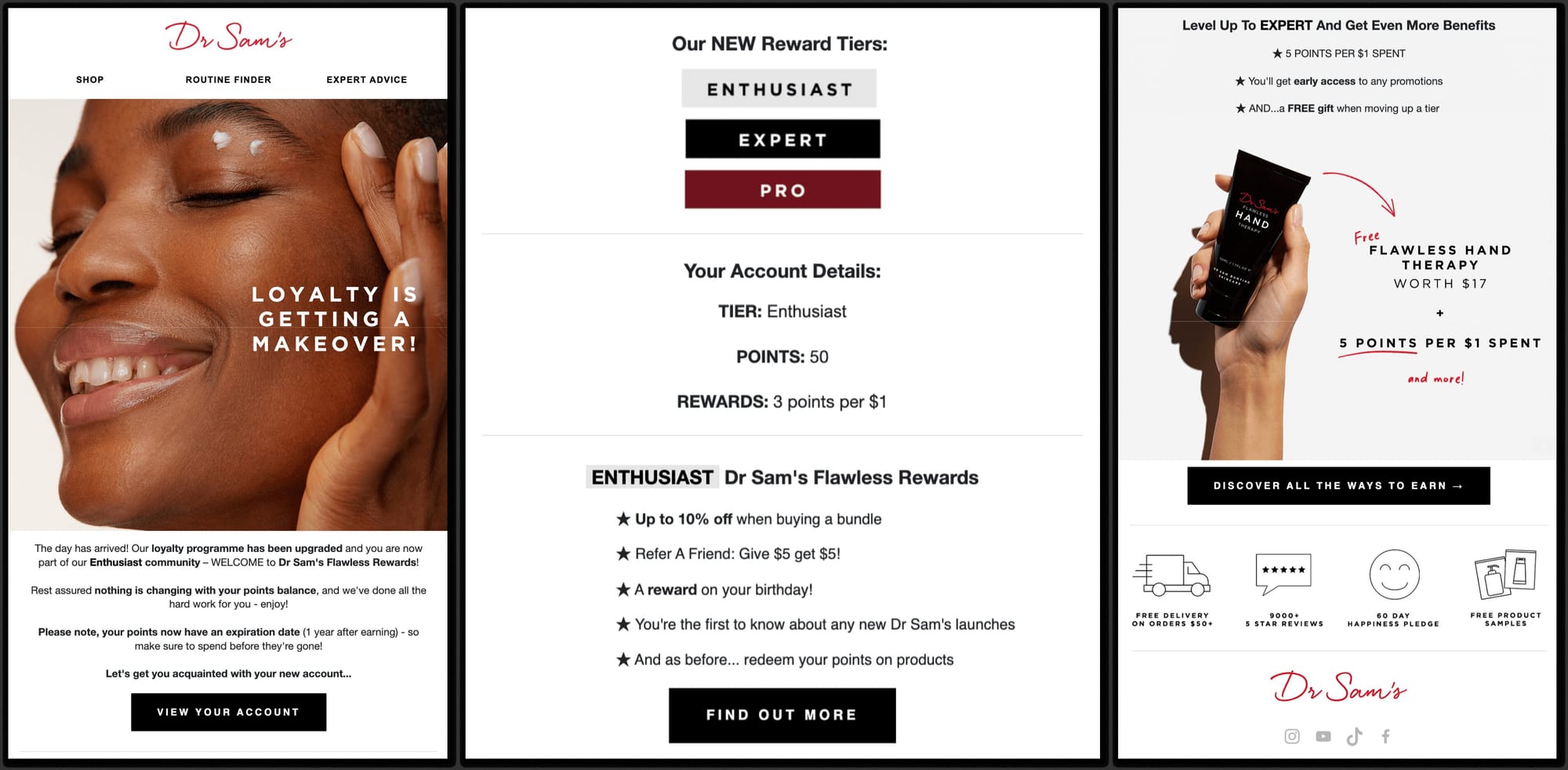 A screenshot of an email from Dr. Sam’s explaining its refreshed loyalty program. It includes an explanation of the new VIP tiers and dynamic content explaining the specific benefits of the reader’s current tier.