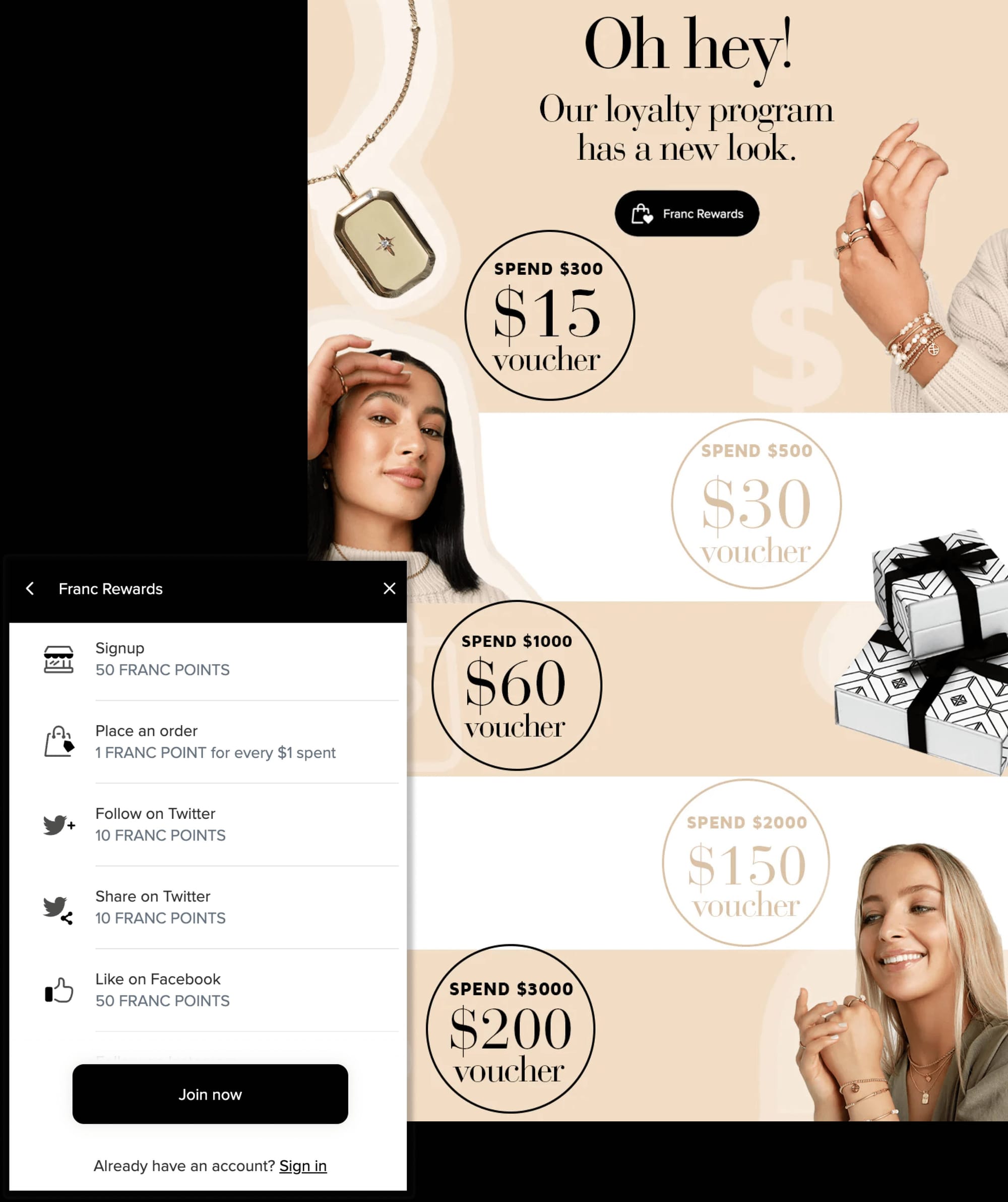 Francesca’s rewards program explainer page and rewards panel. The page shows a graphic with multiple levels of rewards. Surrounding these graphics are images of women wearing jewelry, gift boxes, and product shots of jewelry. The rewards are: Spend $300 for a $15 voucher, spend $500 for a $30 voucher, spend $1000 for a $60 voucher, spend $2000 for a $150 voucher, and spend $3000 for a $300 voucher. The rewards panel shows the various ways to earn points including signing up, purchases, and interacting on Twitter or Facebook.