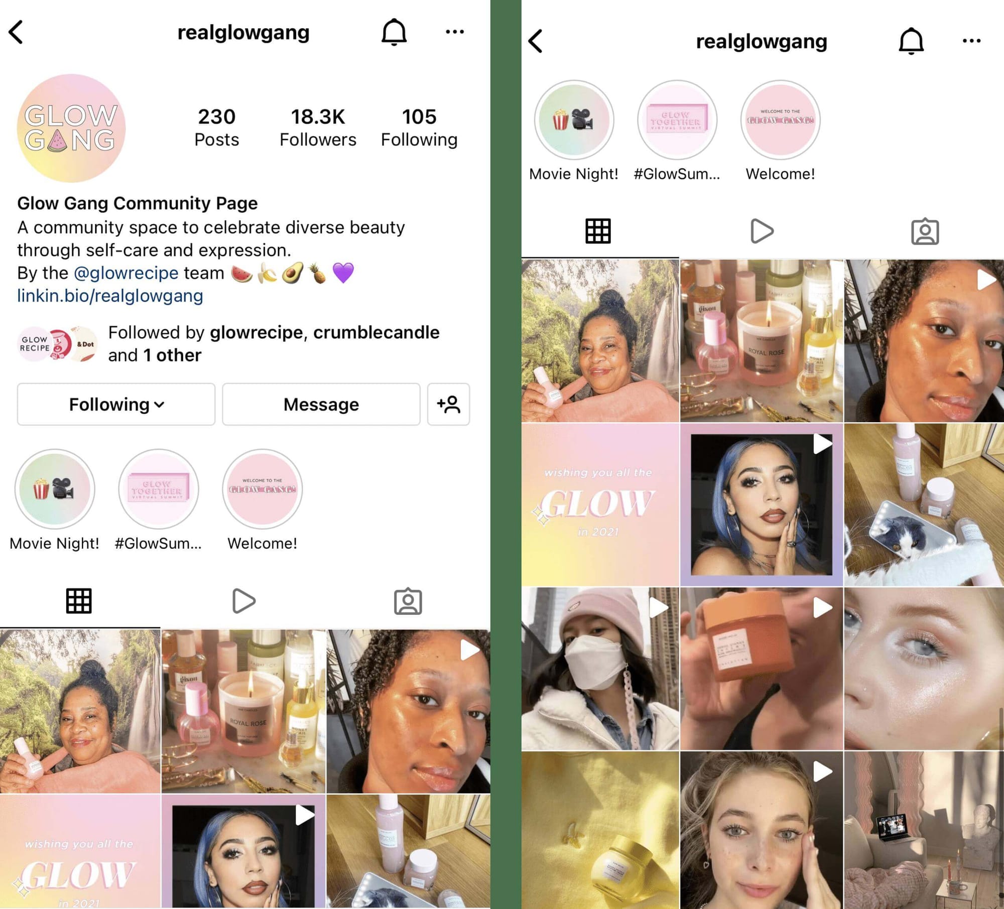 Loyalty Marketing–2 screenshots of Glow Recipe’s Glow Gang Community page, @realglowgang.