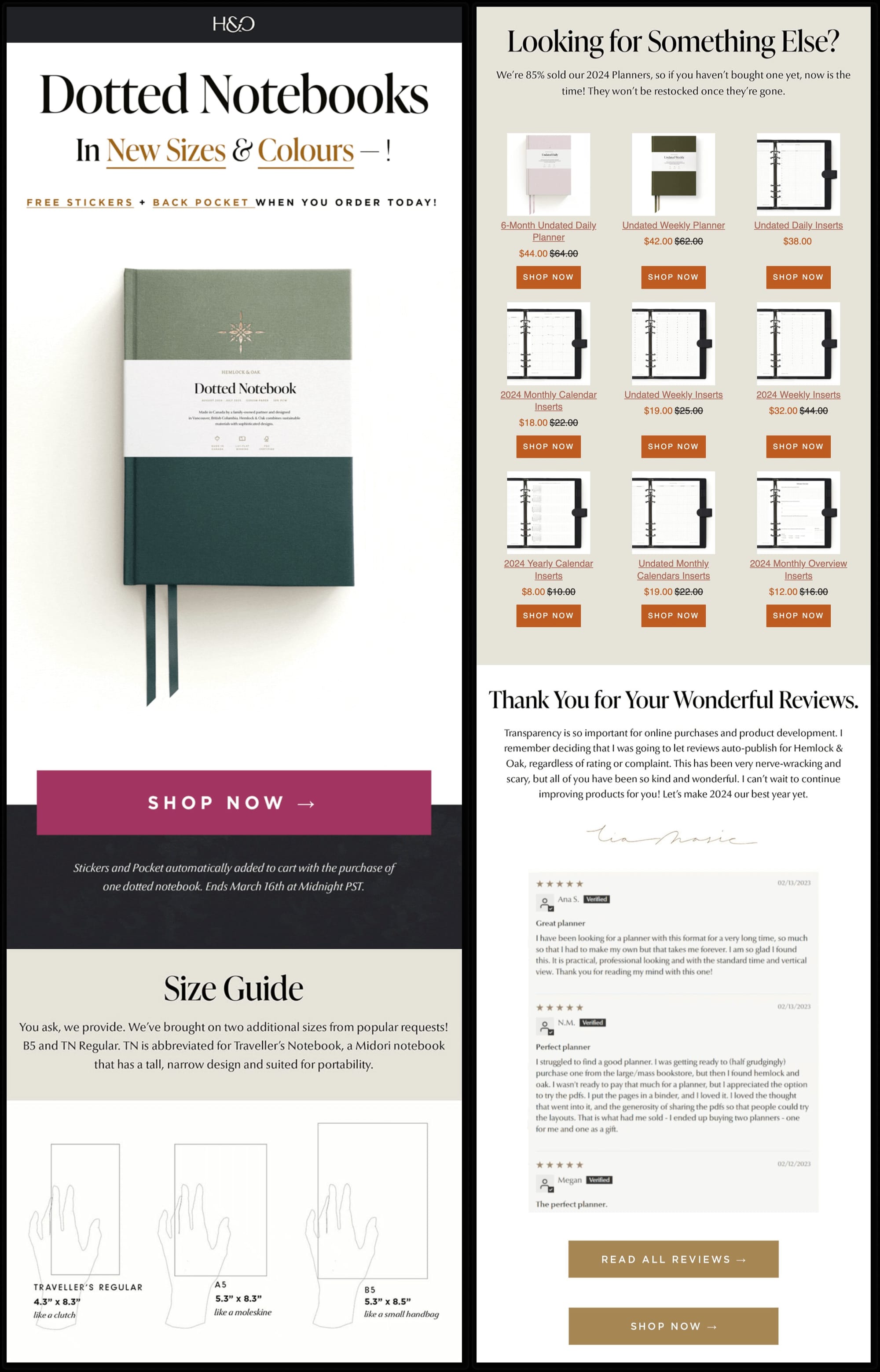 An email from Hemlock and Oak announcing the new sizes and colors of its dotted notebooks. The email also includes valuable information like a size guide with visual demonstrations, additional product recommendations, and customer reviews.