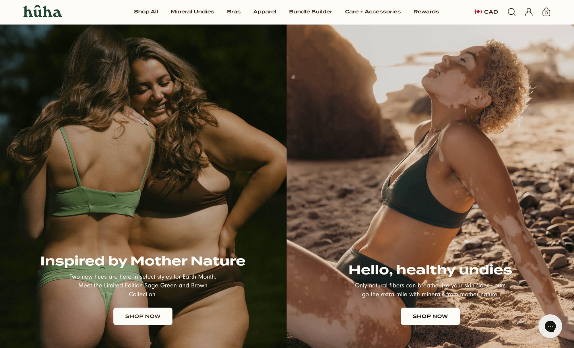 A screenshot of huha’s homepage showing models wearing its bras and underwear.&nbsp;
