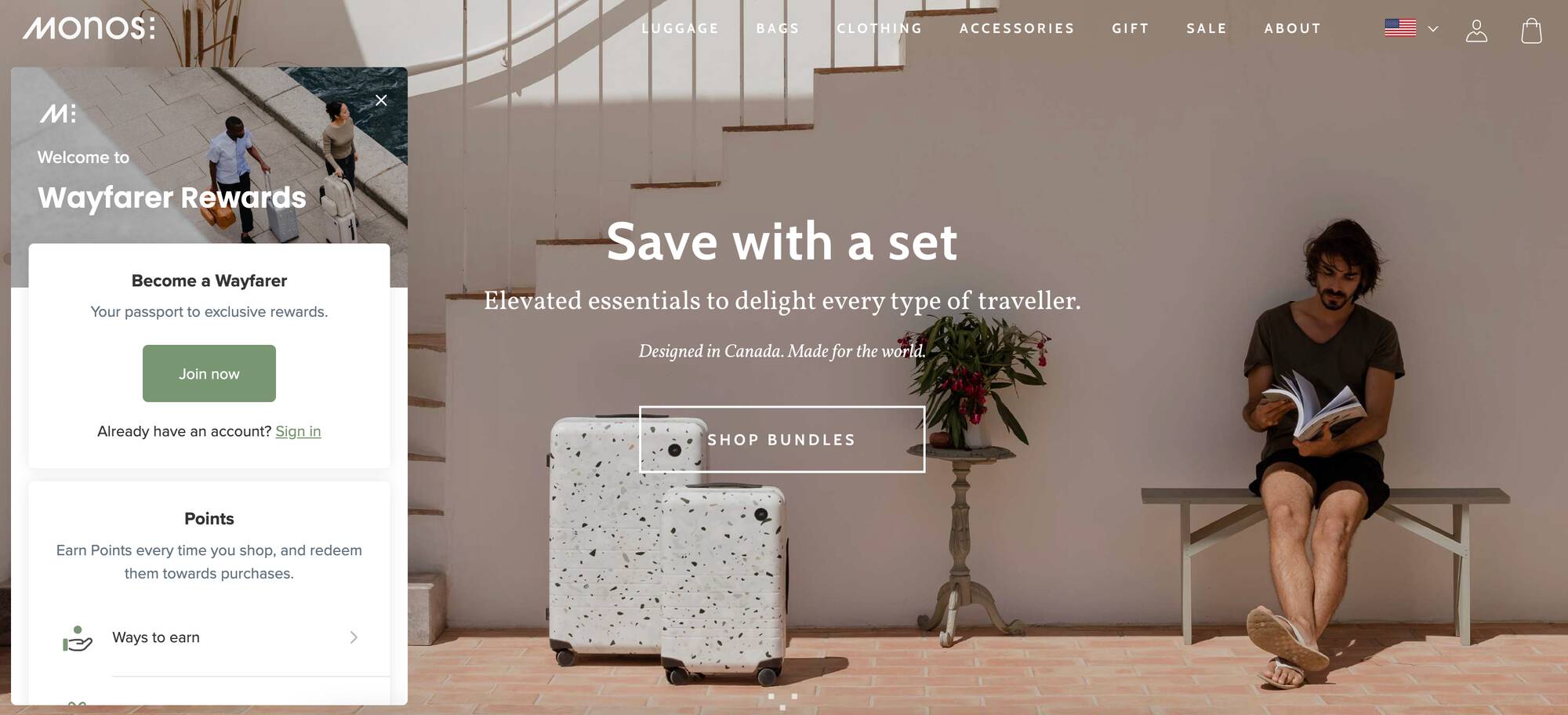 screenshot of a monos luggage homepage with its rewards program panel open