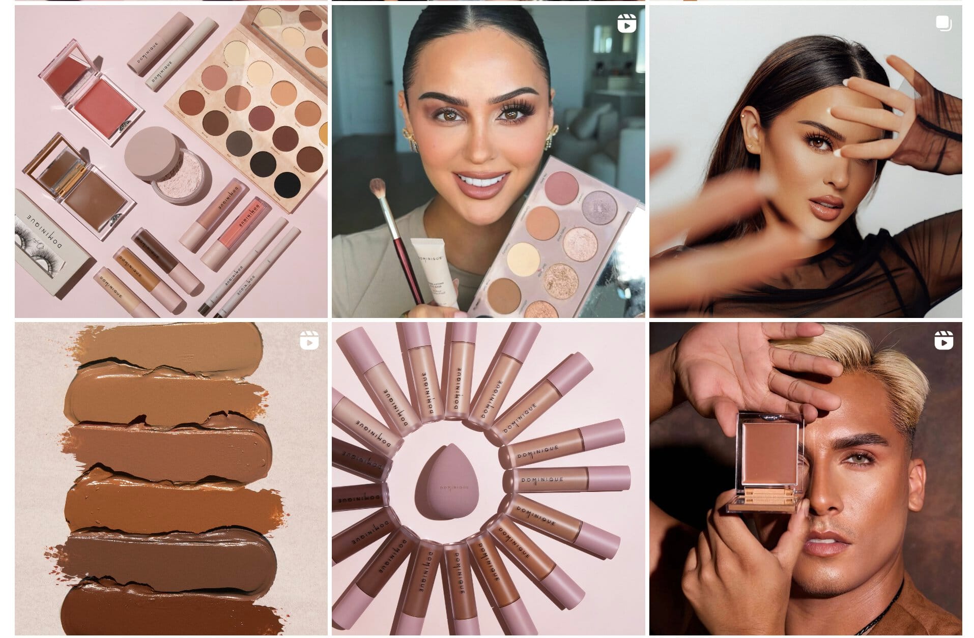 screenshot of dominique cosmetics instagram account with makeup products on men and women