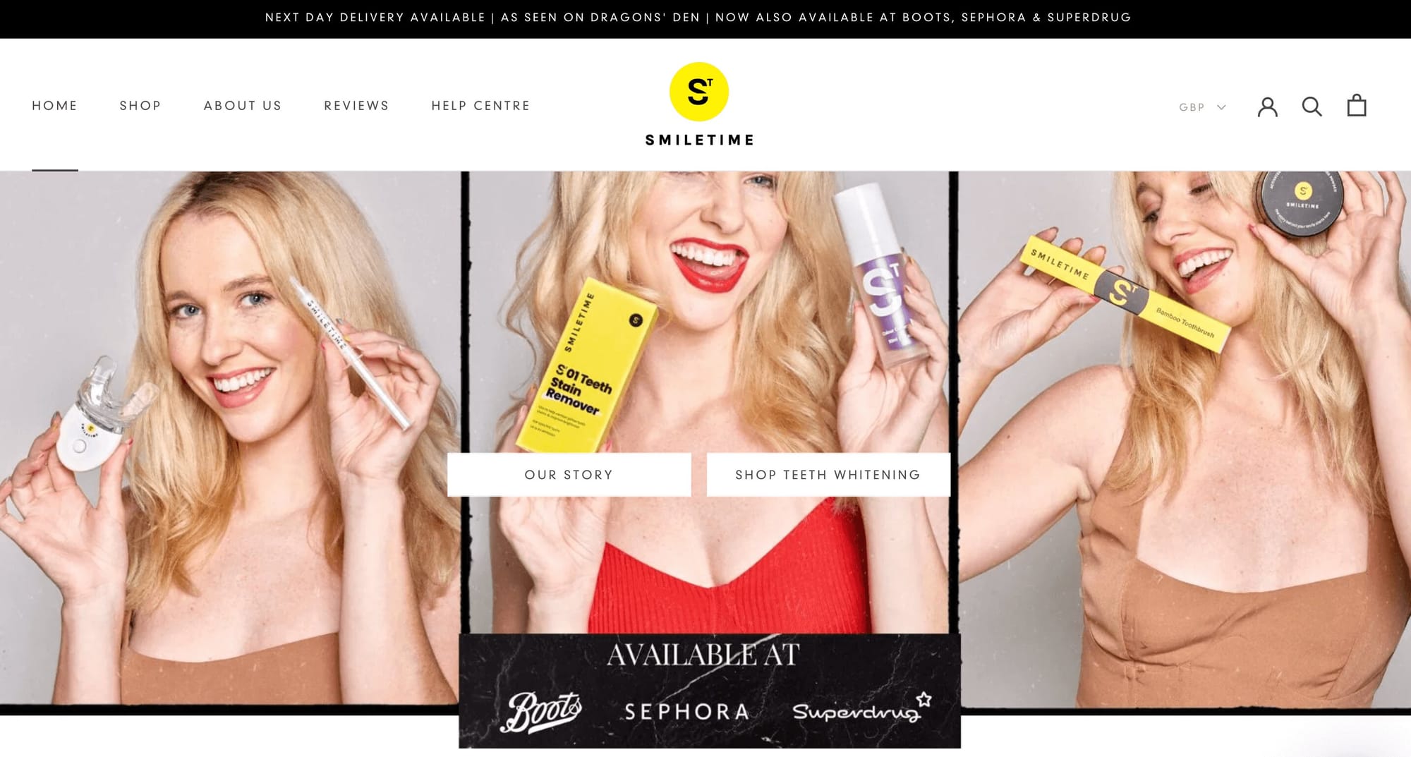 A screenshot of Smile Time’s homepage showing a woman holding several Smile Time products.&nbsp;&nbsp;