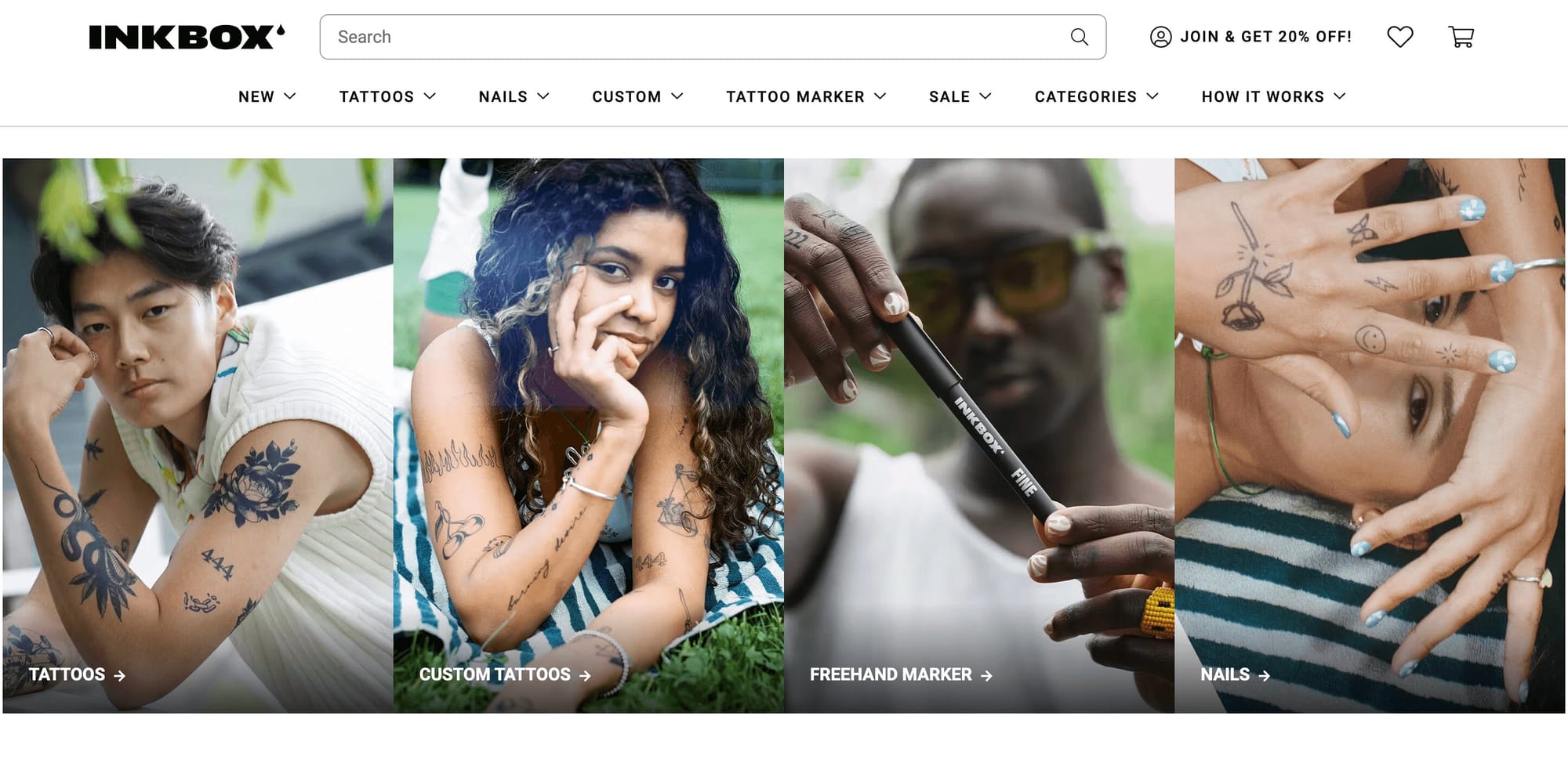 A screenshot of inkbox’s homepage showing its product categories—tattoos, custom tattoos, freehand market, and nail strips.&nbsp;