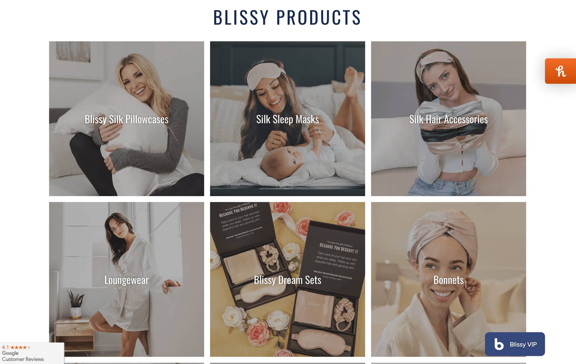 Mental Wellness Brands for World Mental Health Day–A screenshot of Blissy’s homepage. It shows 6 of its product categories with images of each: Blissy silk pillowcases, silk sleep masks, silk hair accessories, loungewear, Blissy dream sets, and bonnets.&nbsp;
