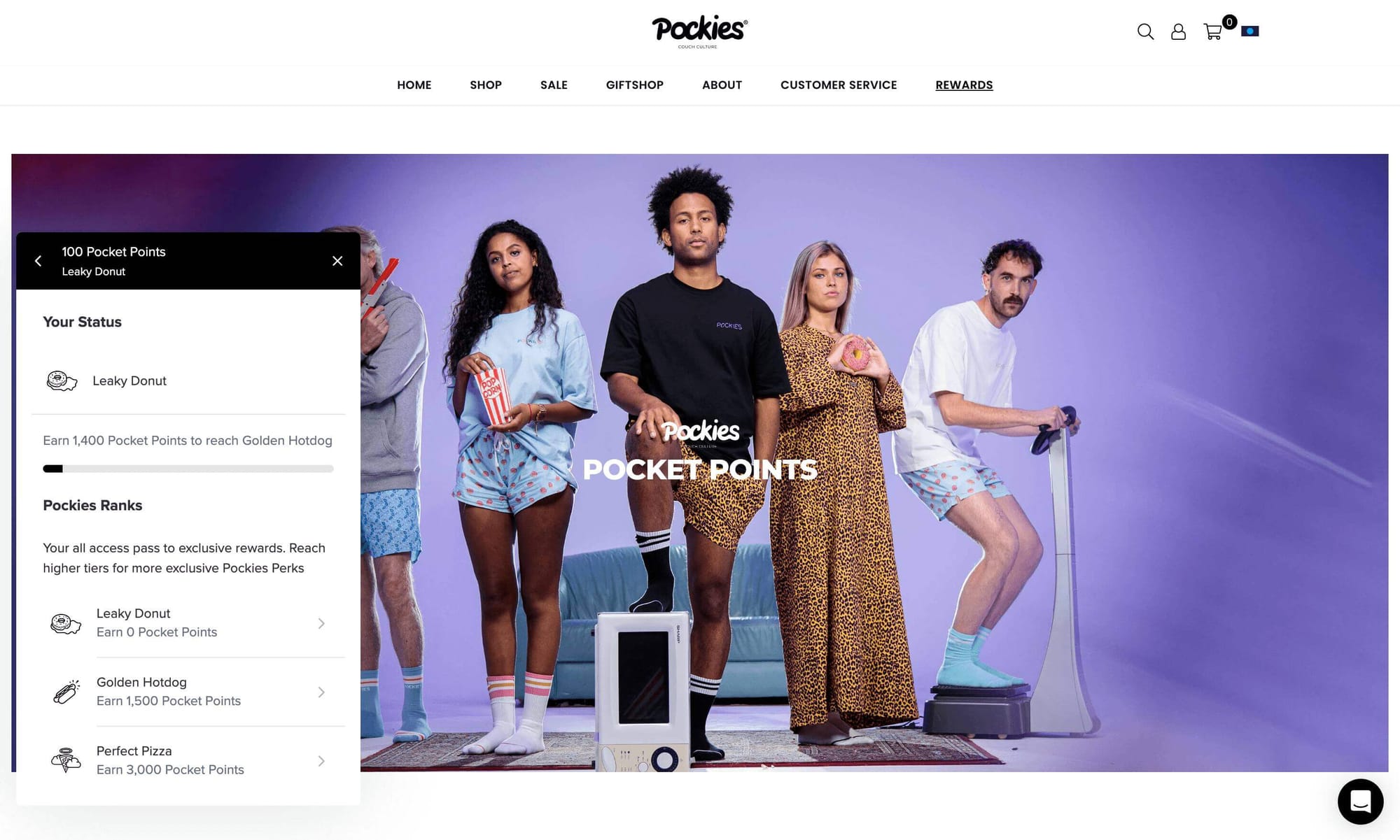 A screenshot of Pockie’s homepage showing its rewards program panel and a progress bar showing the points needed to advance to the next level.