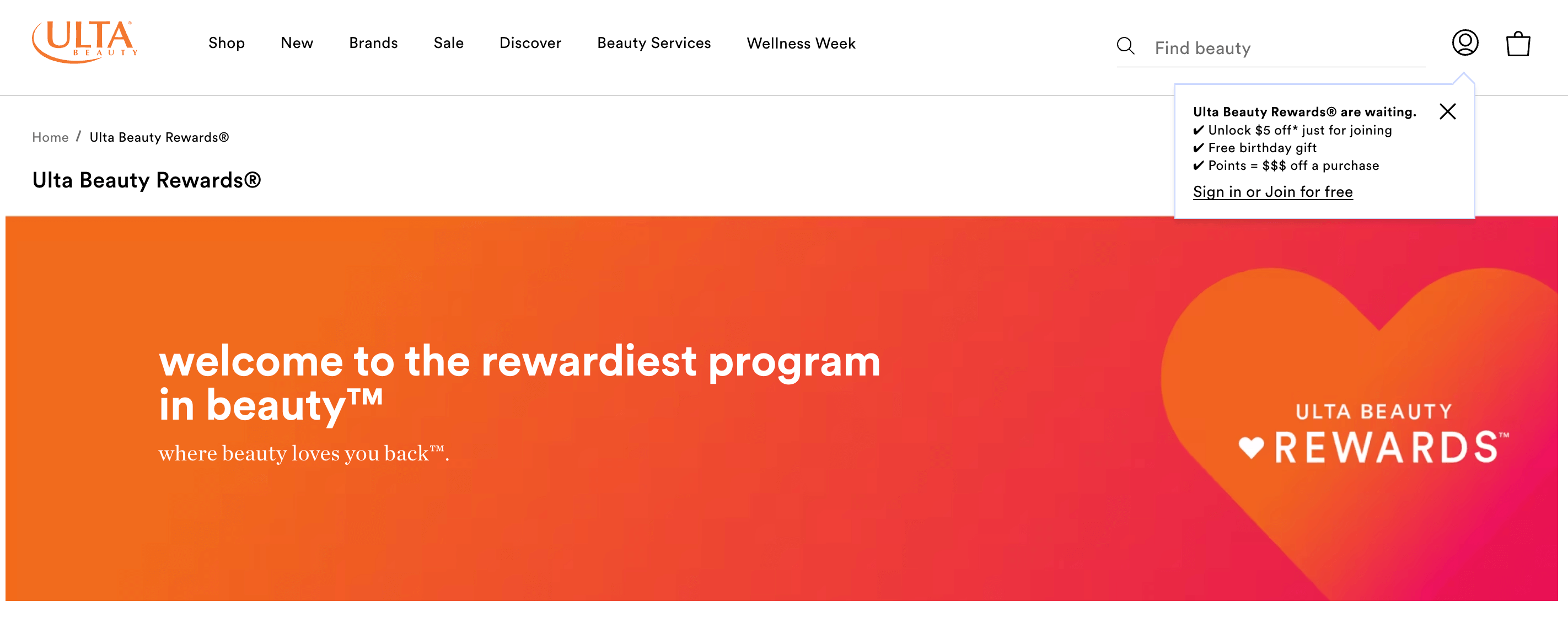 screenshot of ulta beauty rewards homepage