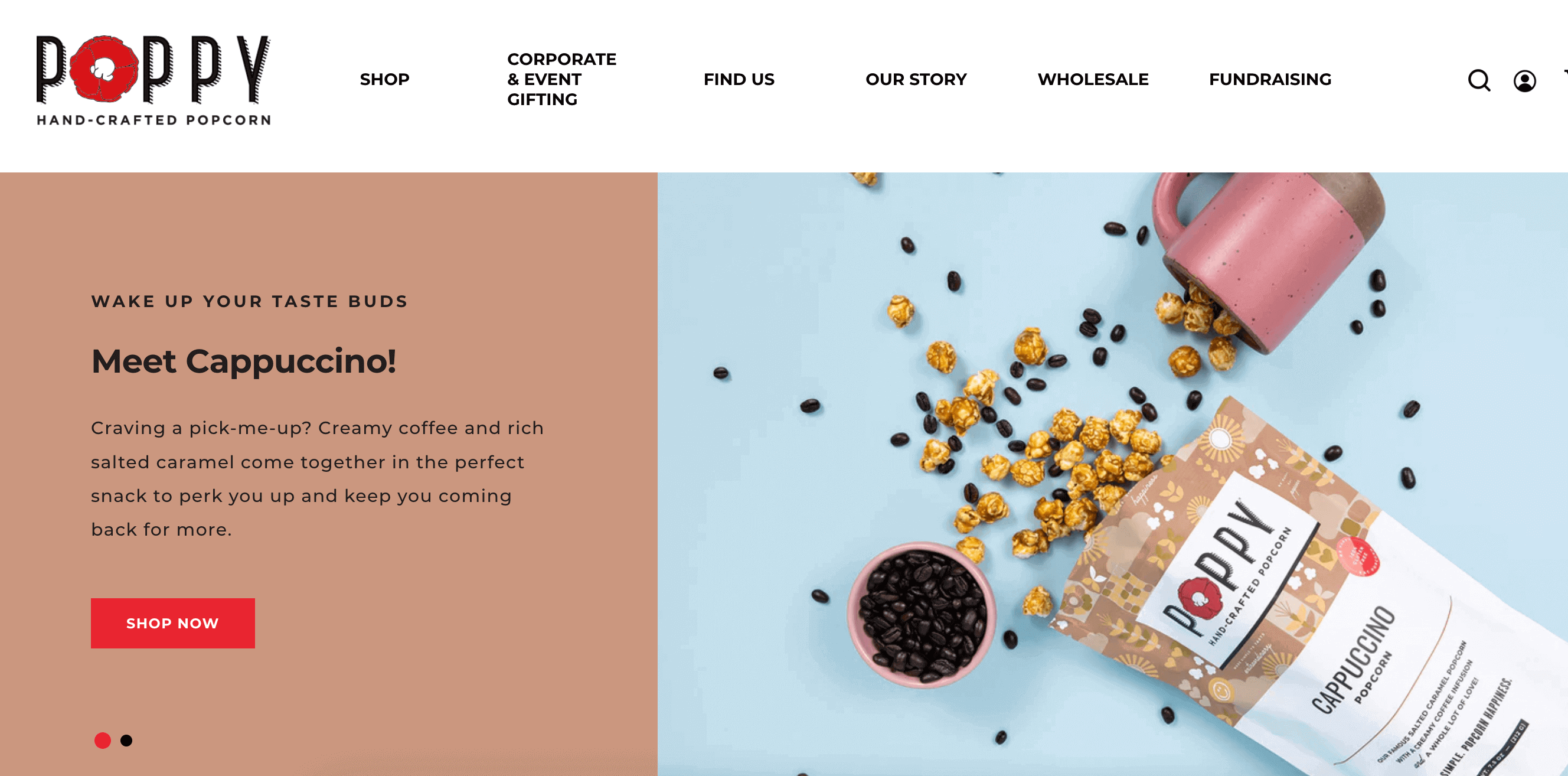 image of a screenshot of ecommerce brand poppy with handcrafted popcorn on its homepage