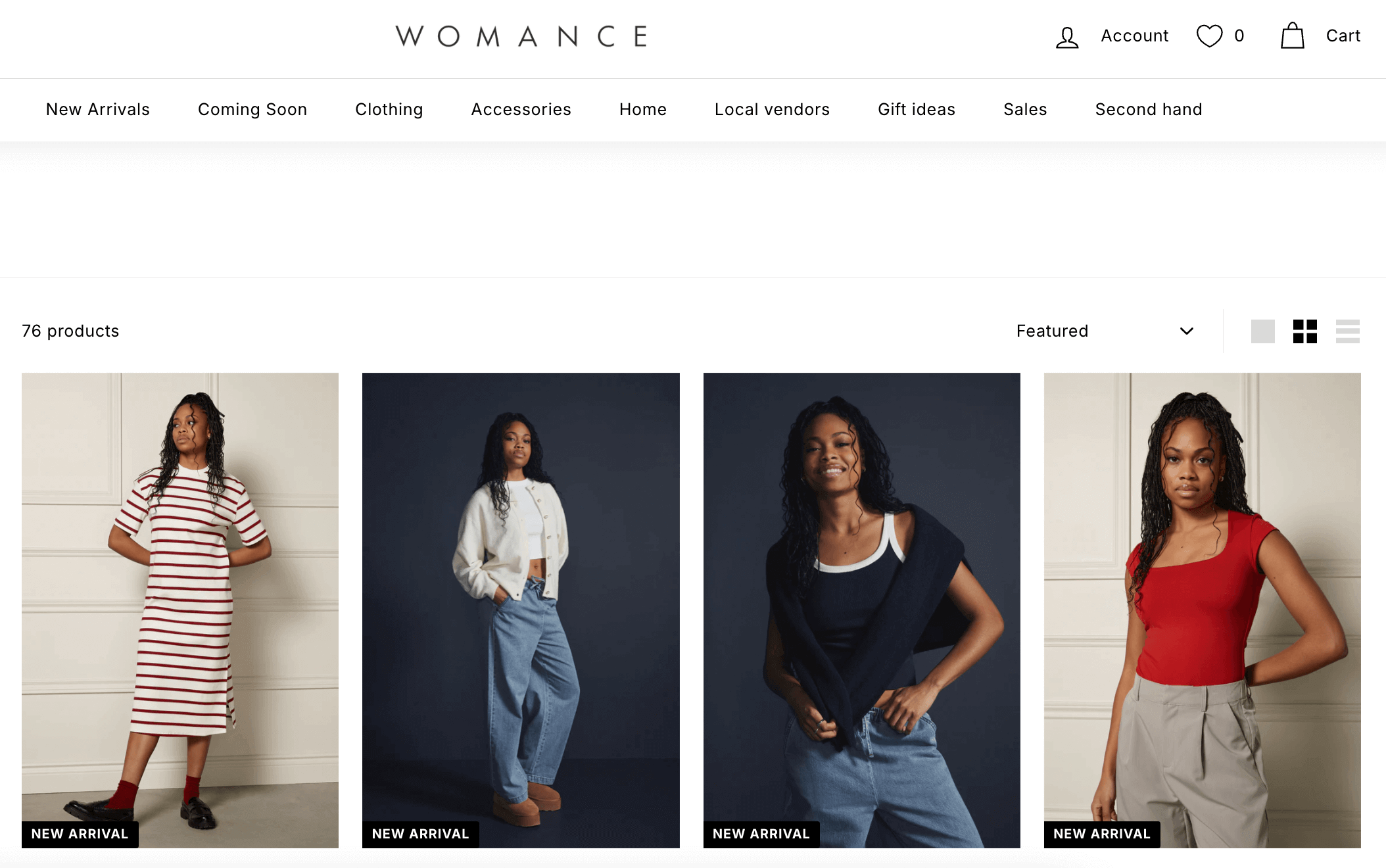 screenshot of ecommerce brand Womance and four product photos