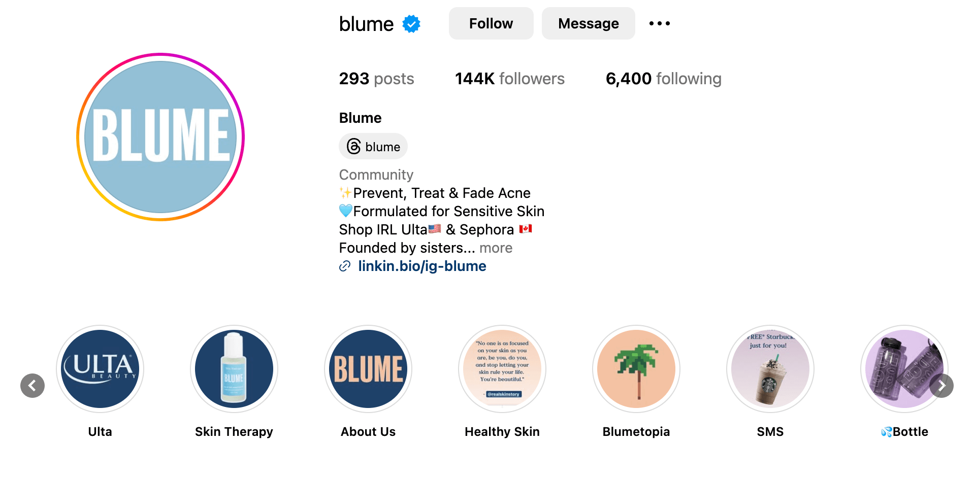 screenshot of blume skincare instagram