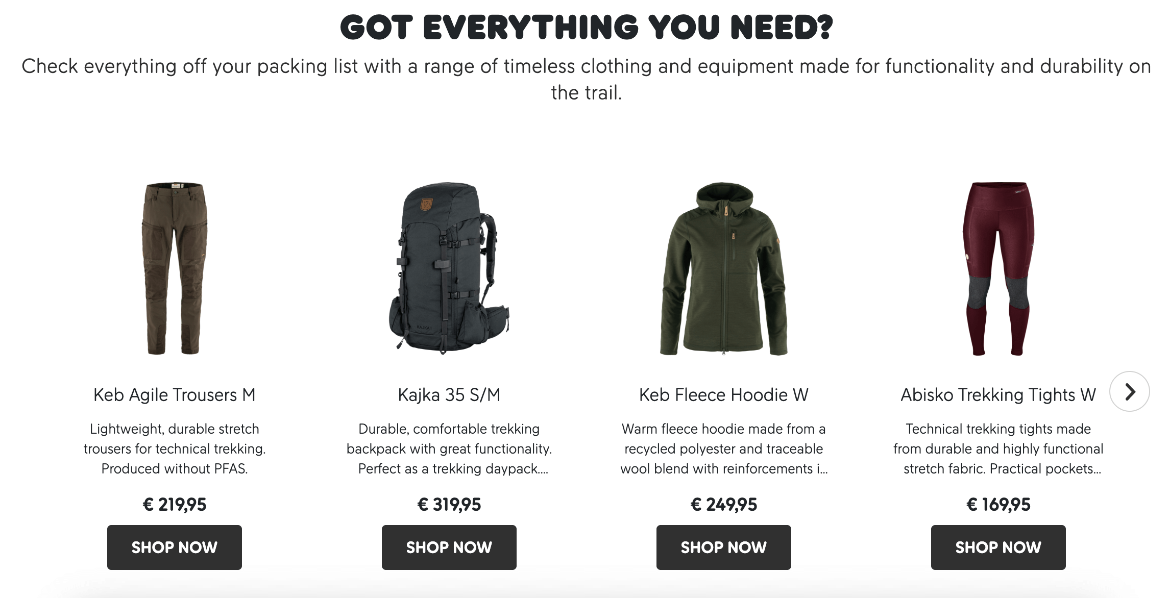 screenshot of ecommerce brand Fjällräven products