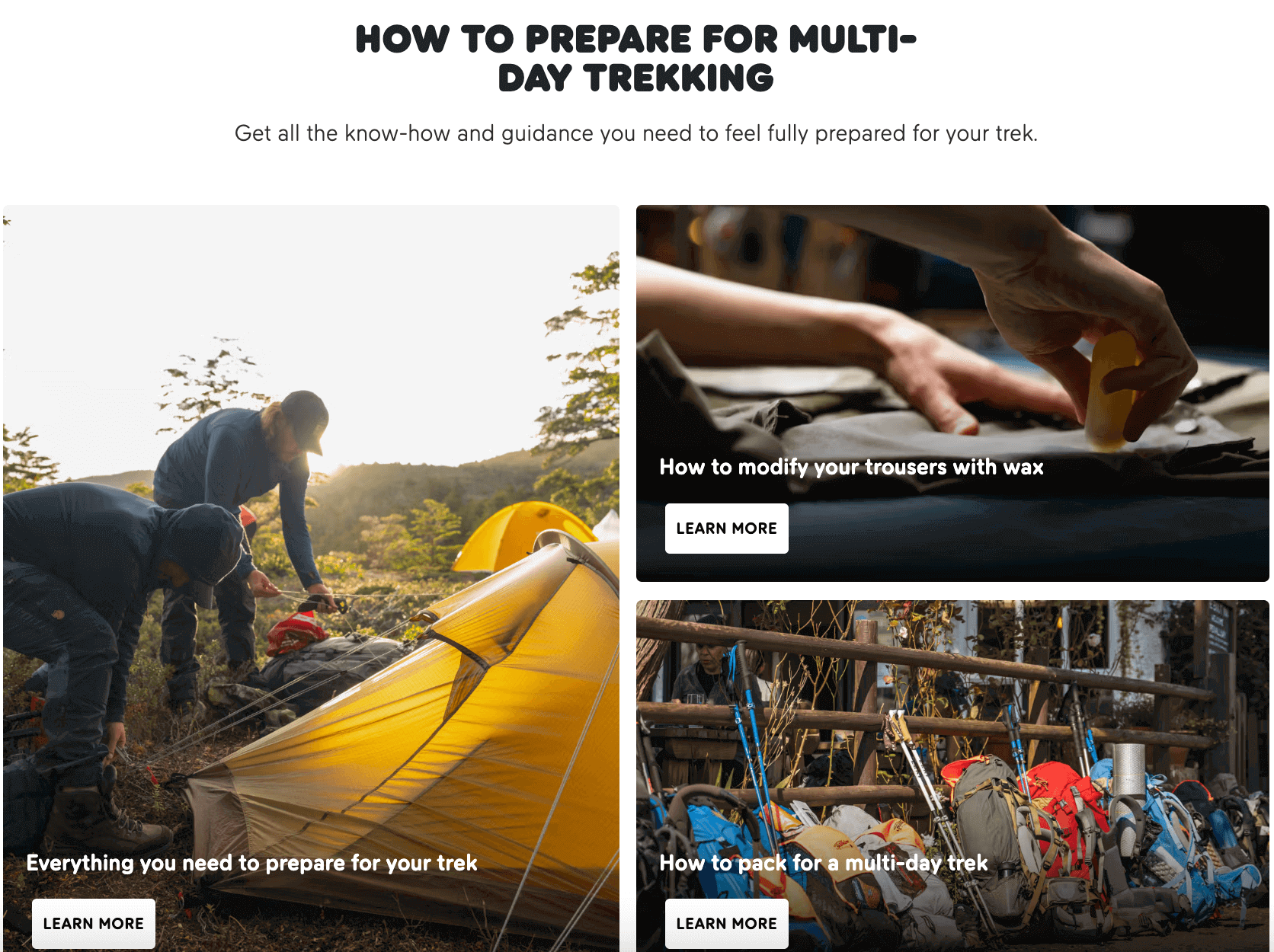 screenshot of ecommerce brand Fjällräven "how to prepare for multi-day trekking