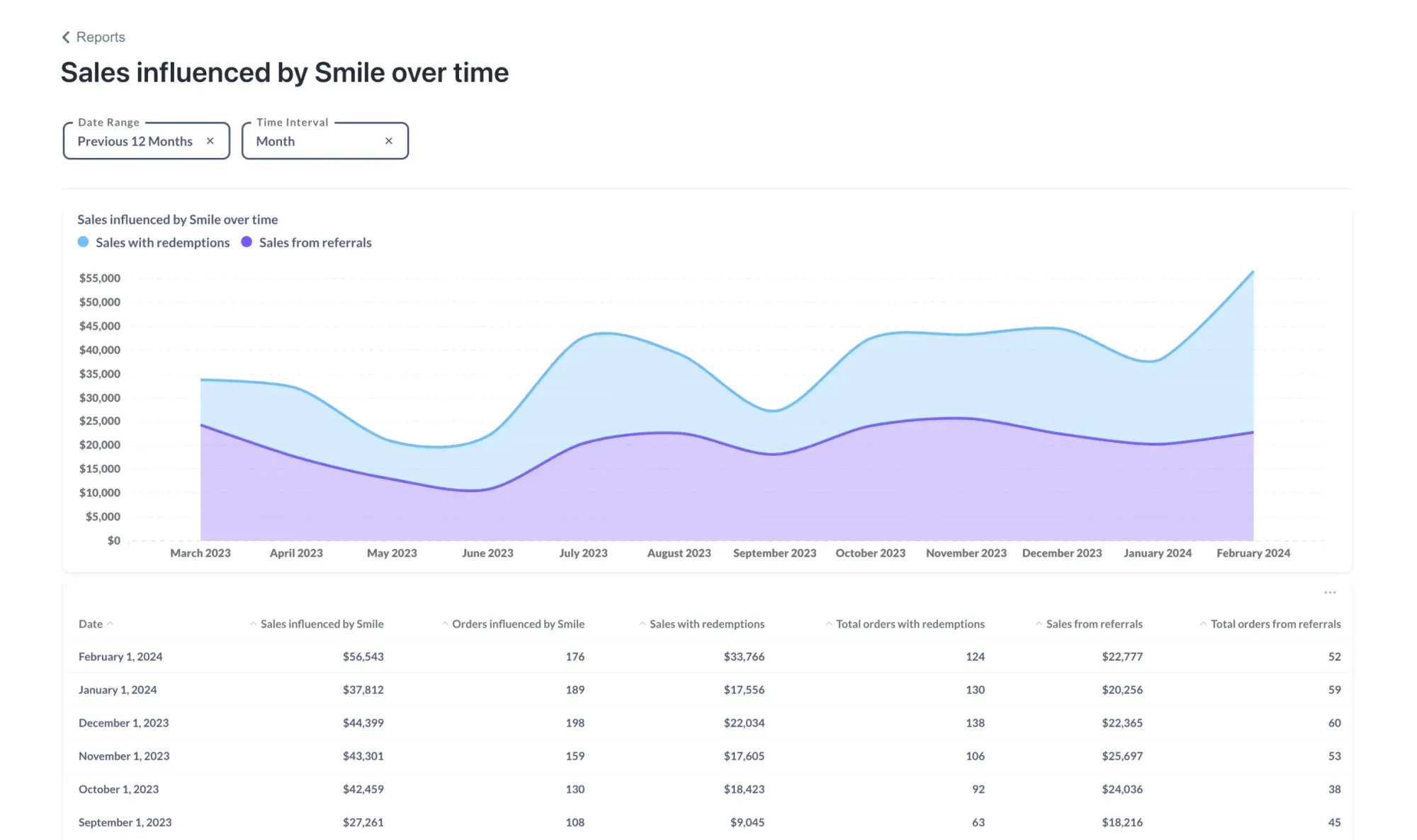 screenshot of a report page from smile.io