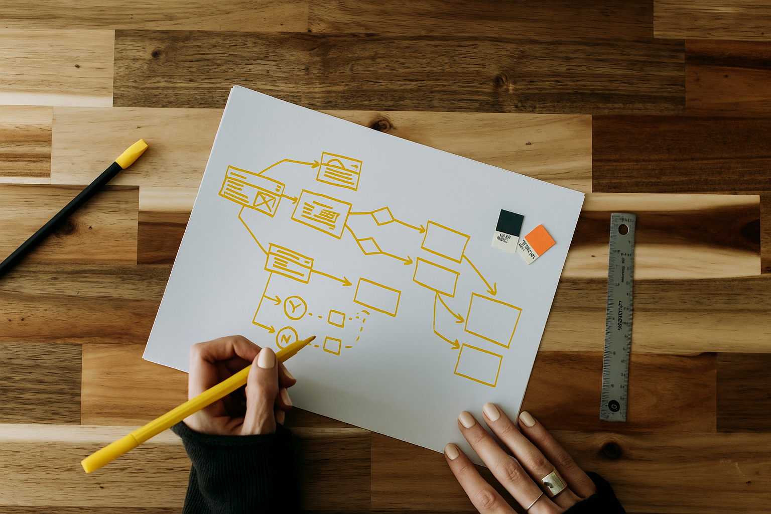 Person sketching a flowchart with a yellow marker on white paper, showing a loyalty program design process on a wooden desk