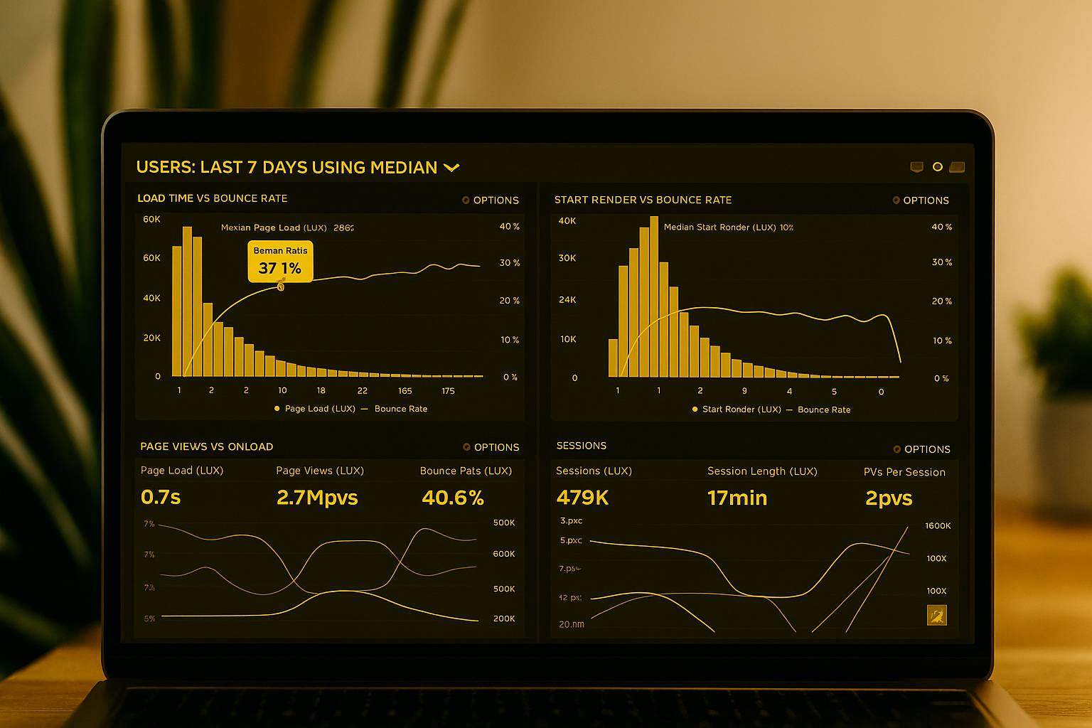 Ecommerce analytics dashboard showing bounce rate, session length, and page load metrics for tracking loyalty program performance