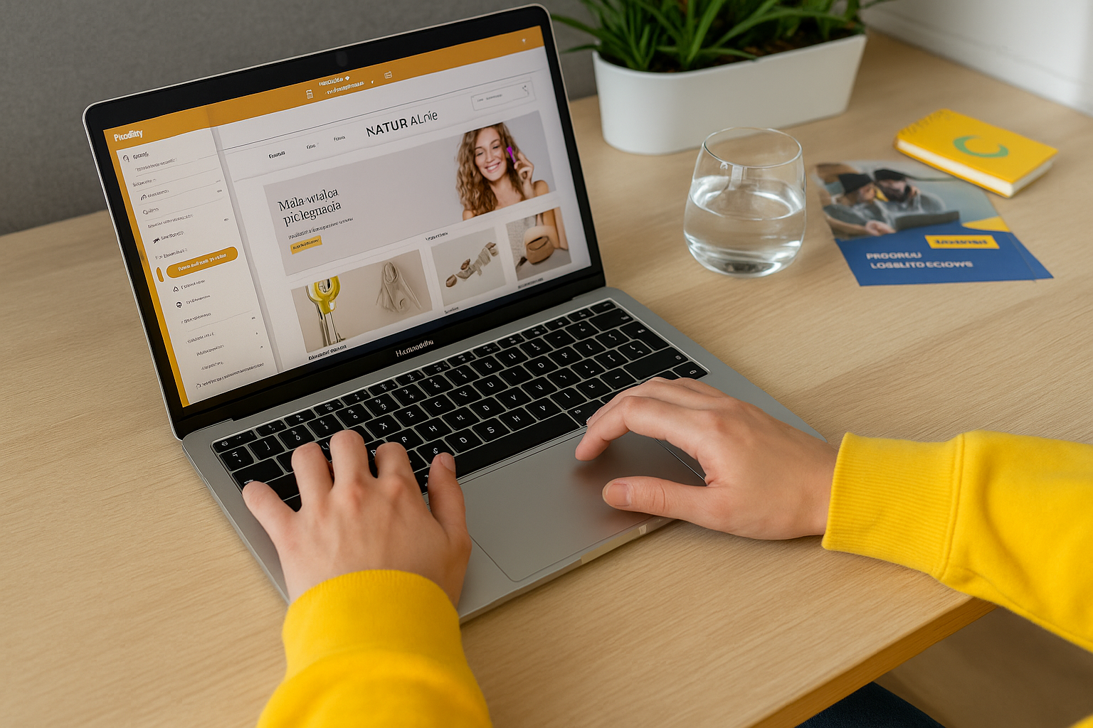 Person in a yellow sweatshirt managing a customer loyalty program on a laptop using an eCommerce platform