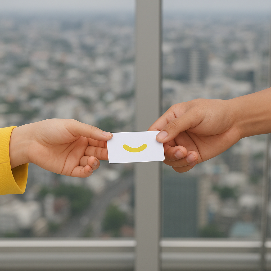 Customer receiving a Smile.io loyalty card in front of a city skyline, symbolizing VIP experience in customer loyalty programs