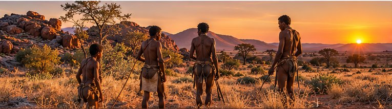 Editorial illustration representing Bushman San people in a southern African landscape.