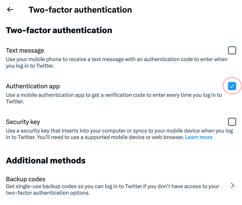 Screenshot of the checked Authentication app  option in Twitter’s interface, taken and highlighted by author