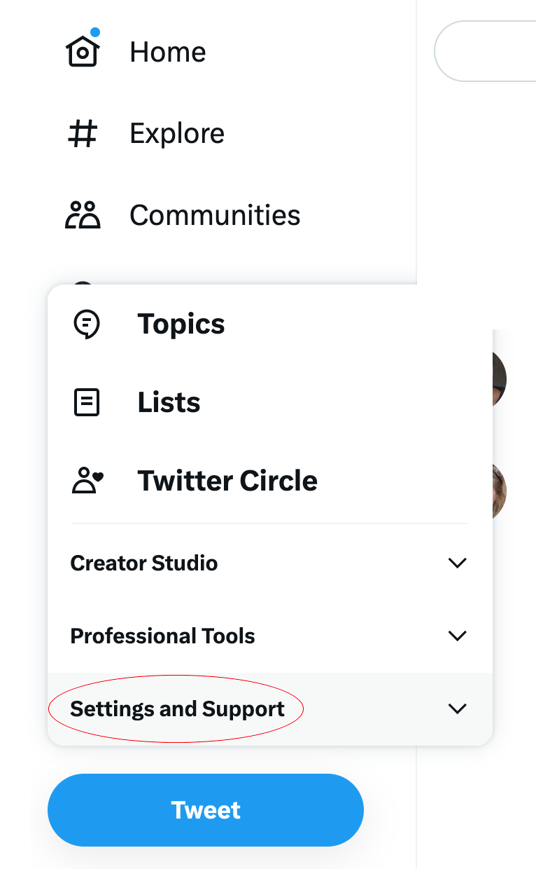 Screenshot of where to find the Settings and Support option in Twitter’s interface, taken and highlighted by author