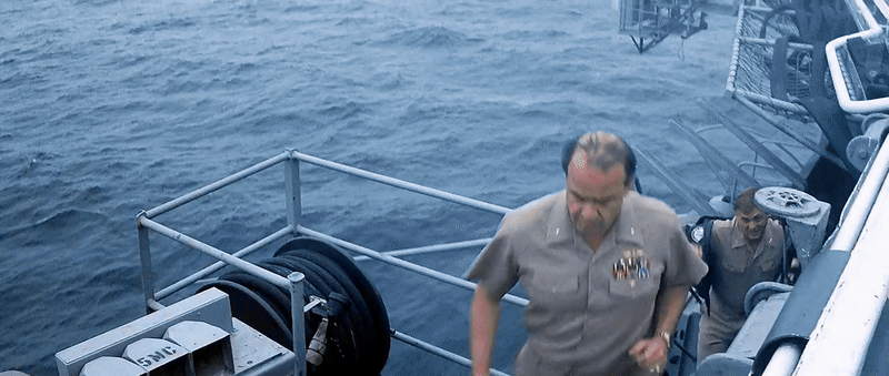 Fred Thompson as Admiral Josh Painter in the movie The Hunt for Red October runs up an outside stairway on an aircraft carrier to the flight deck to see the wreckage of a plane that just crash landed and says, “This business will get out of control.”