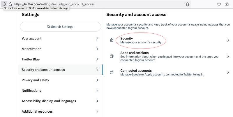 Screenshot of where to find the Security option in Twitter’s interface, taken and highlighted by author