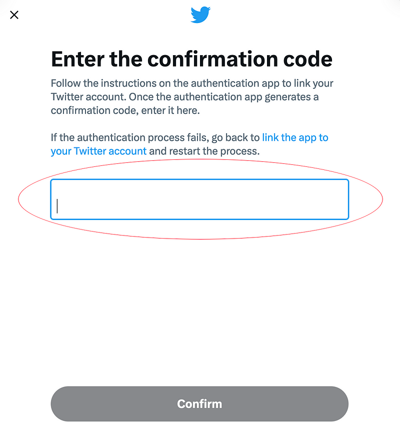 Screenshot of where to enter the authenticator app’s code into Twitter’s interface, taken and highlighted by author