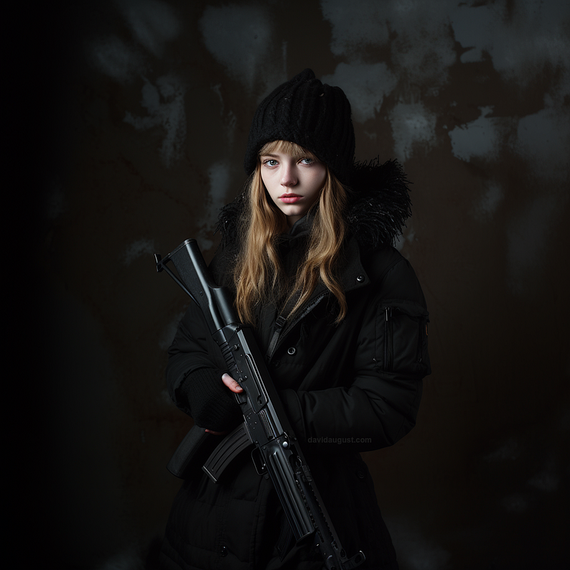 Things are heating up: Alessandra is prepared for cold weather conflict in this black on black look. Knit hat by Rag & Bone, long gun by Mauser, Coat by Moncler.