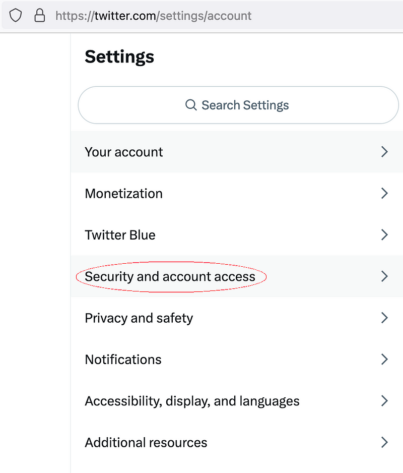 Screenshot of where to find the Security and account access option in Twitter’s interface, taken and highlighted by author